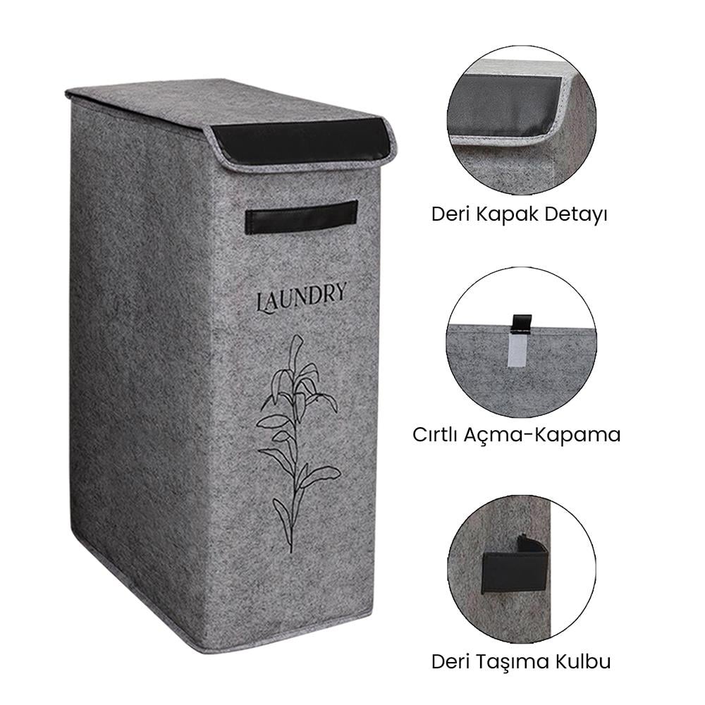Keçe Kapaklı Kirli Çamaşır Sepeti Çok Amaçlı Organizer Katlanır Saklama Kutusu Gri 25x40x60cm