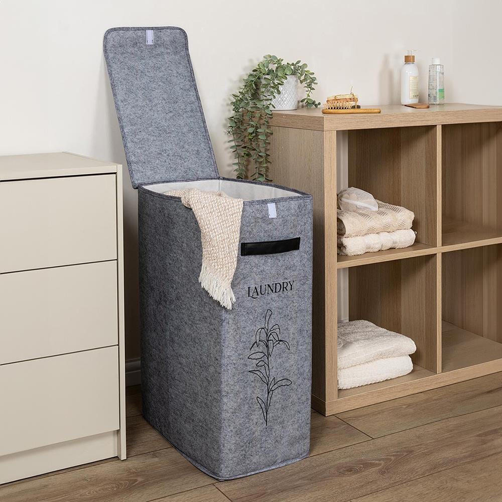 Keçe Kapaklı Kirli Çamaşır Sepeti Çok Amaçlı Organizer Katlanır Saklama Kutusu Gri 25x40x60cm