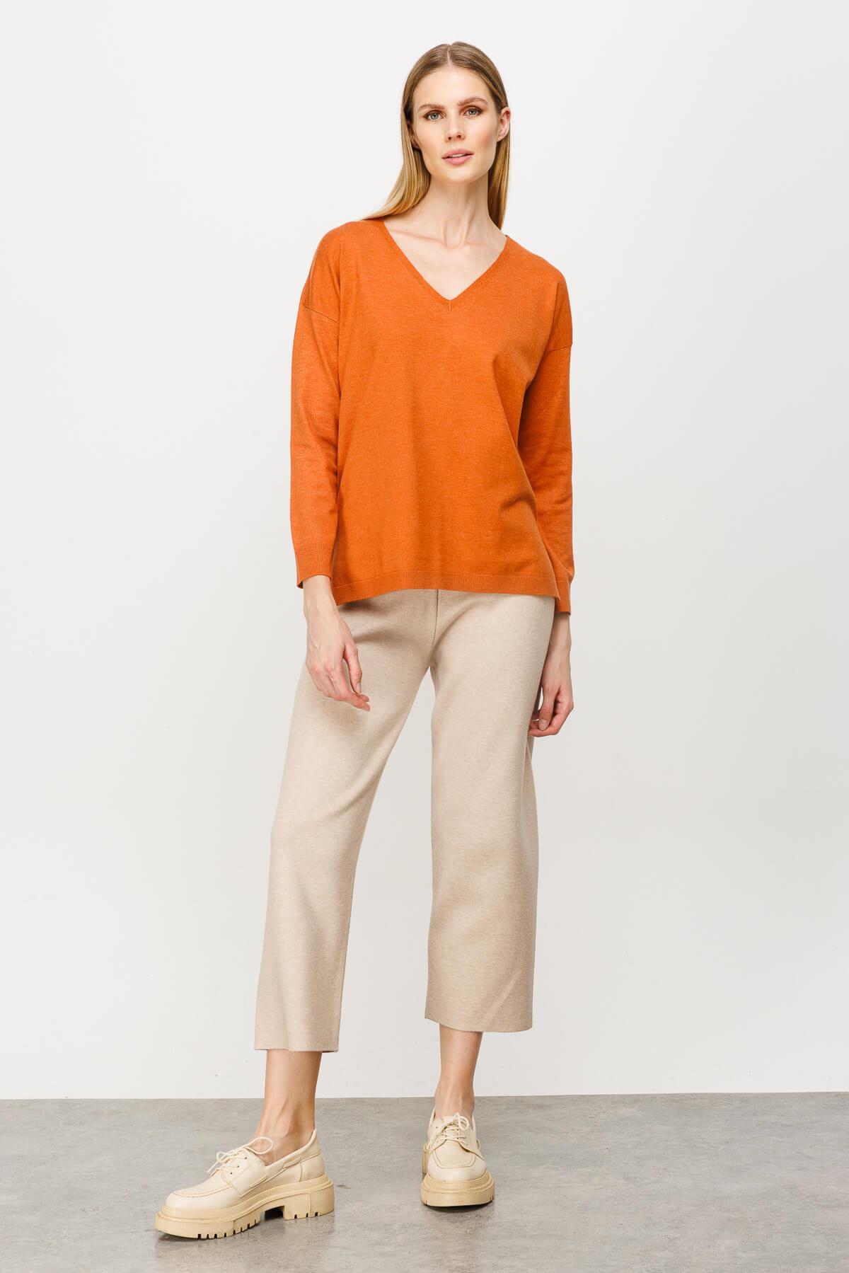 Mutlu Ertan Kadın V Yaka Basic Triko Bluz Turuncu 20061