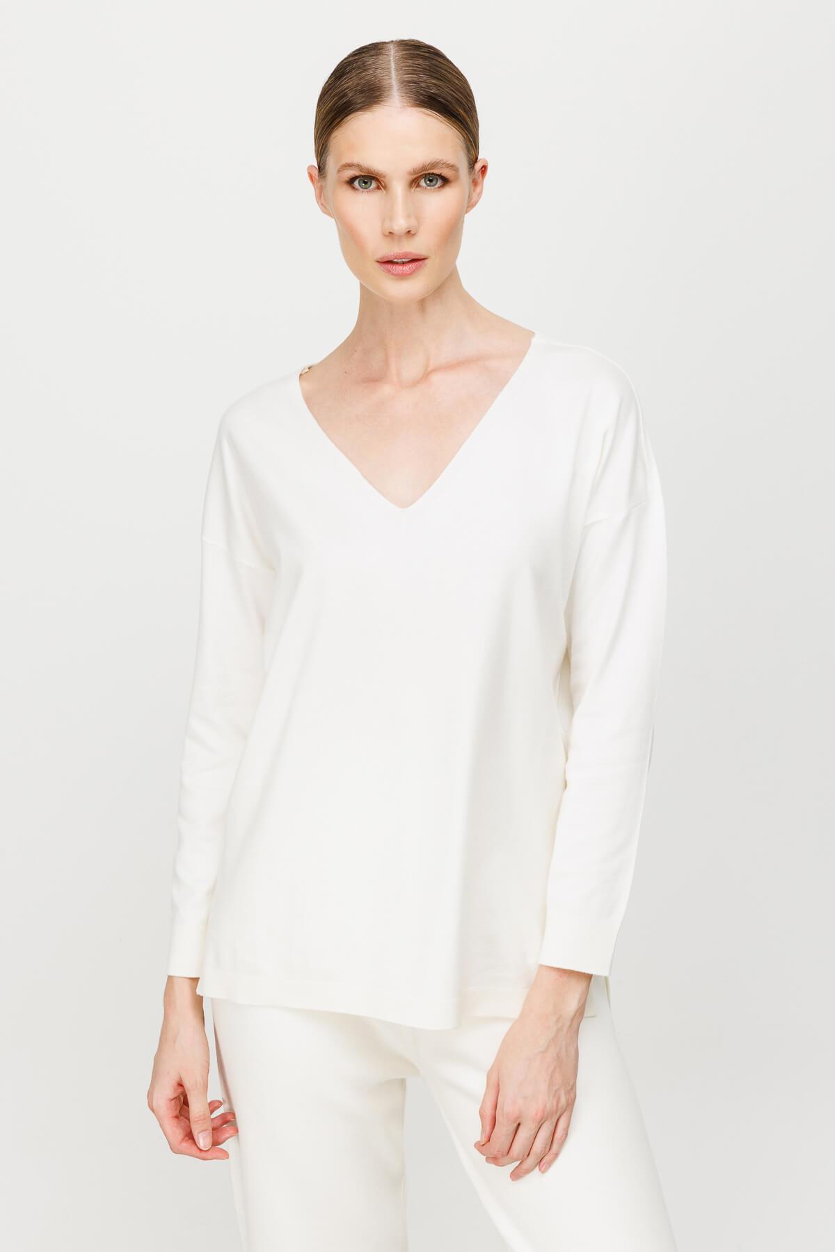 Mutlu Ertan Kadın V Yaka Basic Triko Bluz Ekru 20061