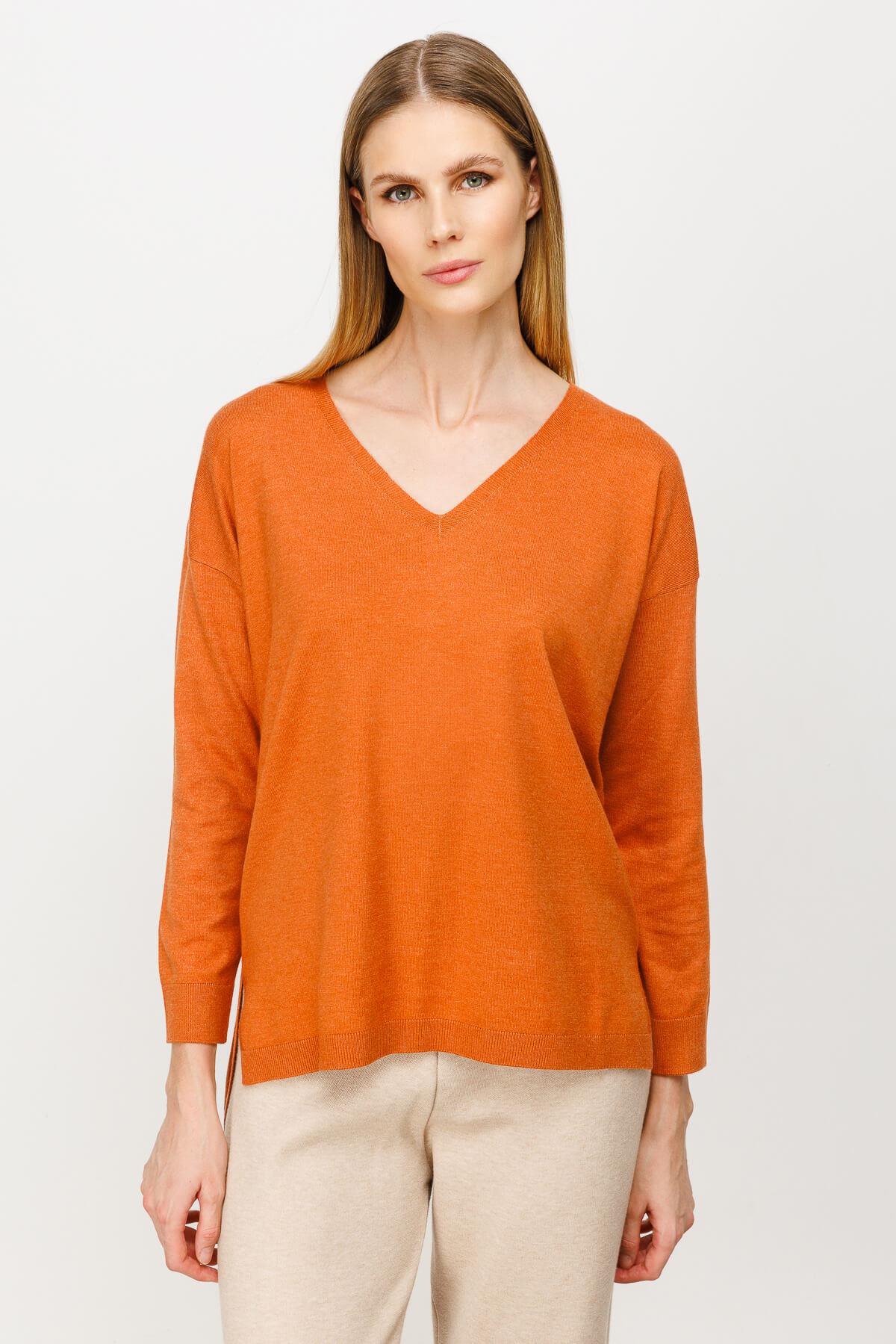 Mutlu Ertan Kadın V Yaka Basic Triko Bluz Turuncu 20061