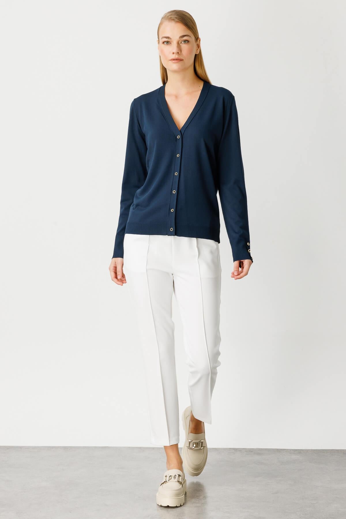 Mutlu Ertan Kadın V Yaka Basic Triko Hırka Lacivert 20114