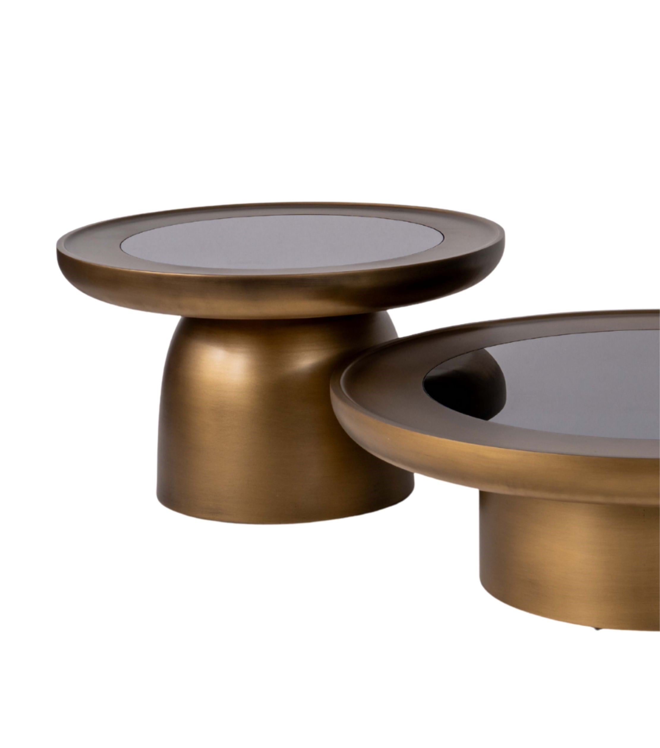 Hills Ahşap Üçlü Orta Sehpa Takımı Cam Detay Mushroom Brass