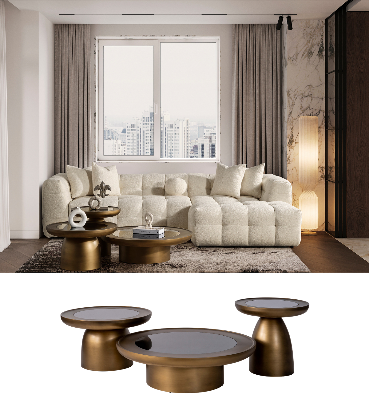 Hills Ahşap Üçlü Orta Sehpa Takımı Cam Detay Mushroom Brass