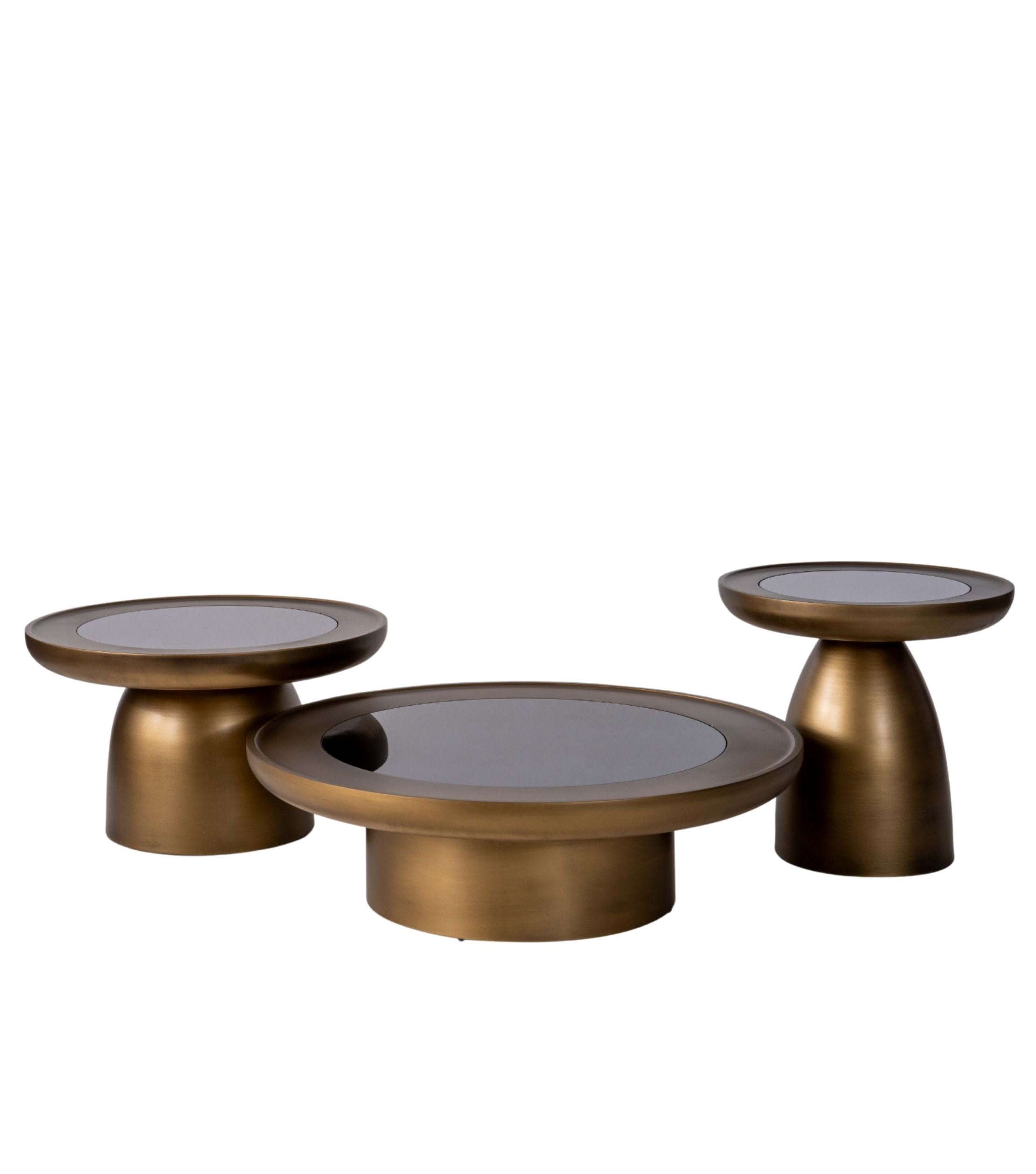 Hills Ahşap Üçlü Orta Sehpa Takımı Cam Detay Mushroom Brass