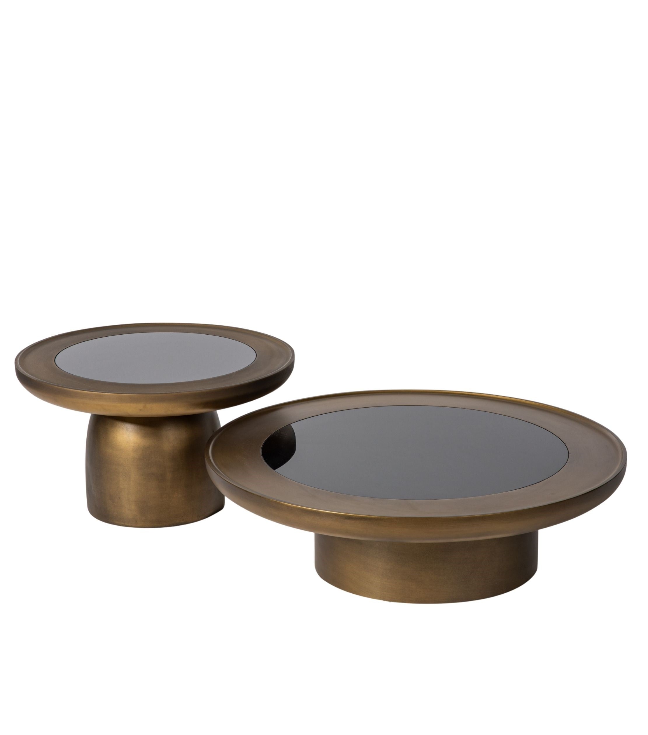 Hills Ahşap Üçlü Orta Sehpa Takımı Cam Detay Mushroom Brass