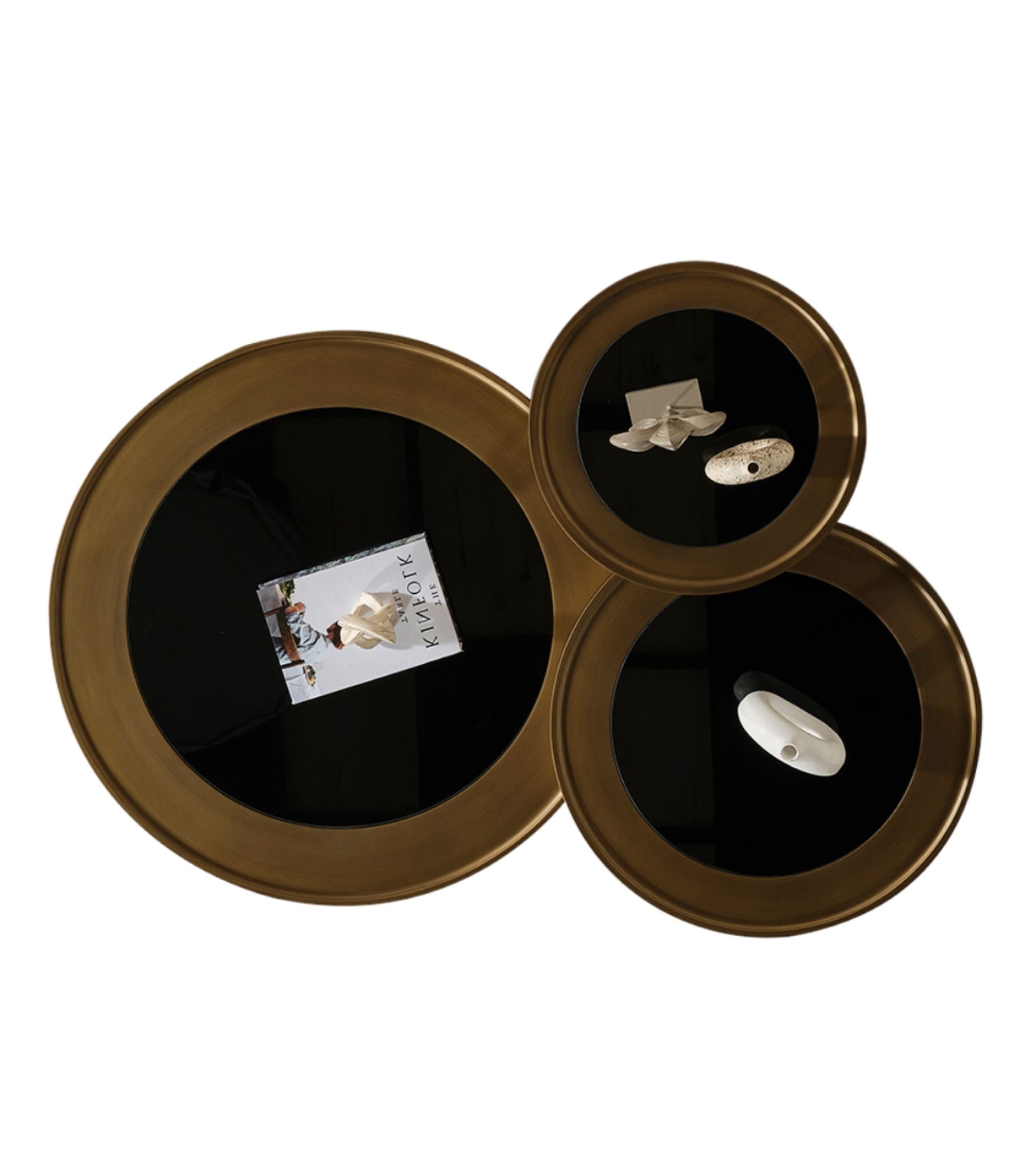 Hills Ahşap Üçlü Orta Sehpa Takımı Cam Detay Mushroom Brass