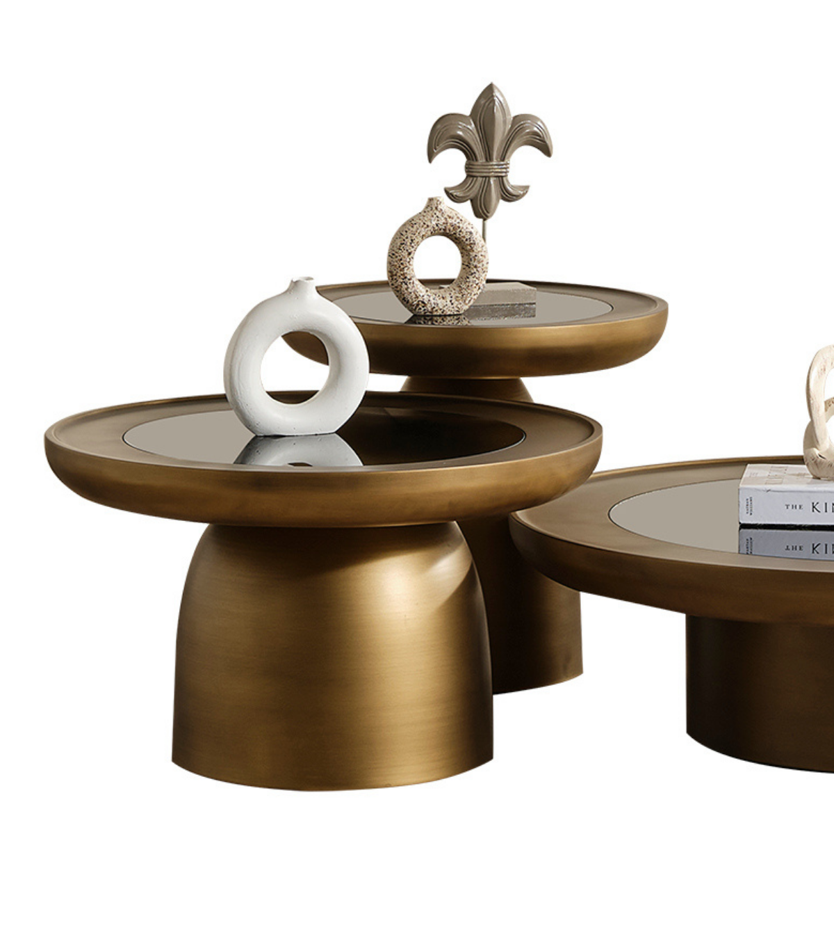 Hills Ahşap Üçlü Orta Sehpa Takımı Cam Detay Mushroom Brass