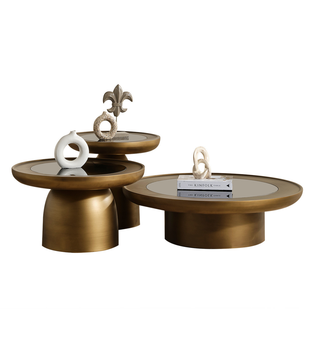 Hills Ahşap Üçlü Orta Sehpa Takımı Cam Detay Mushroom Brass