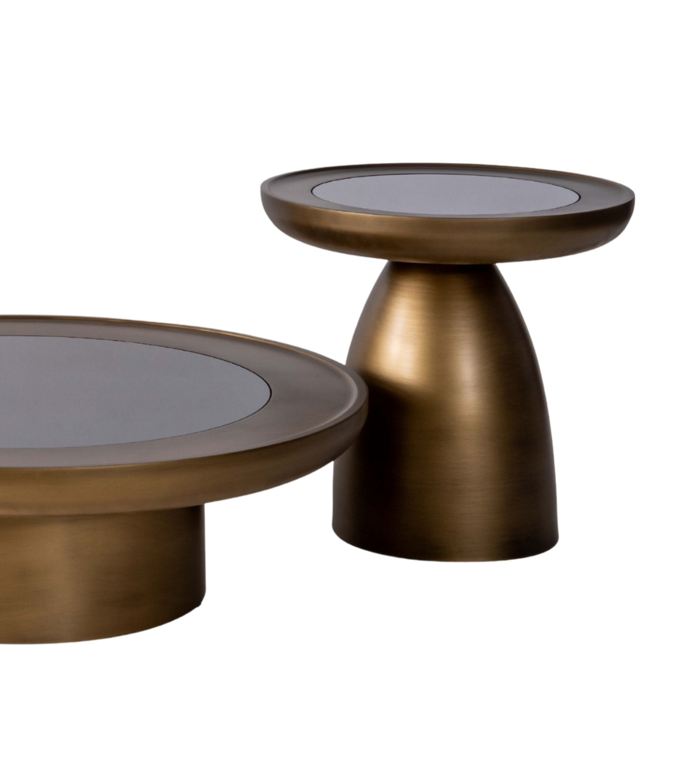 Hills Ahşap Üçlü Orta Sehpa Takımı Cam Detay Mushroom Brass