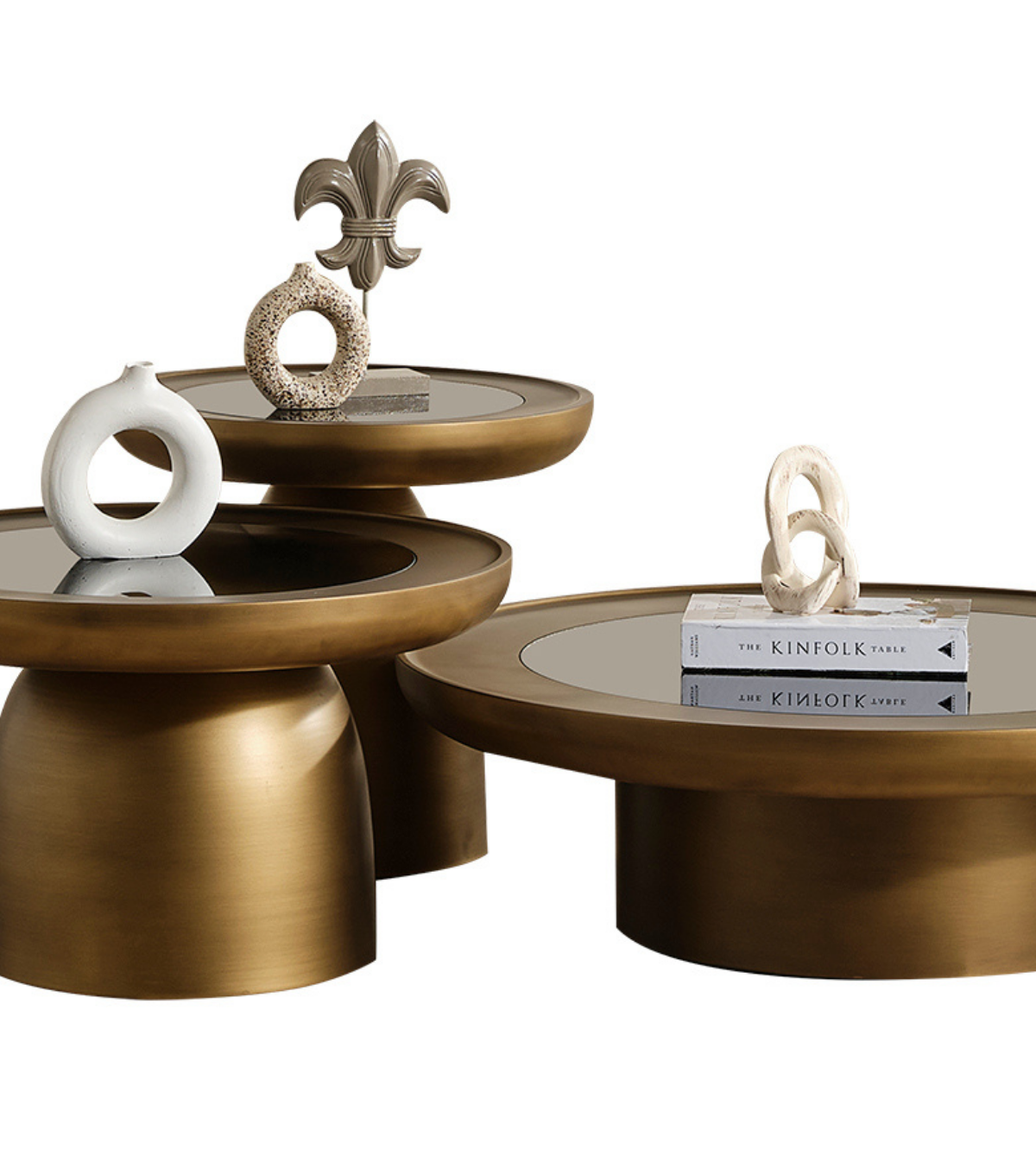 Hills Ahşap Üçlü Orta Sehpa Takımı Cam Detay Mushroom Brass