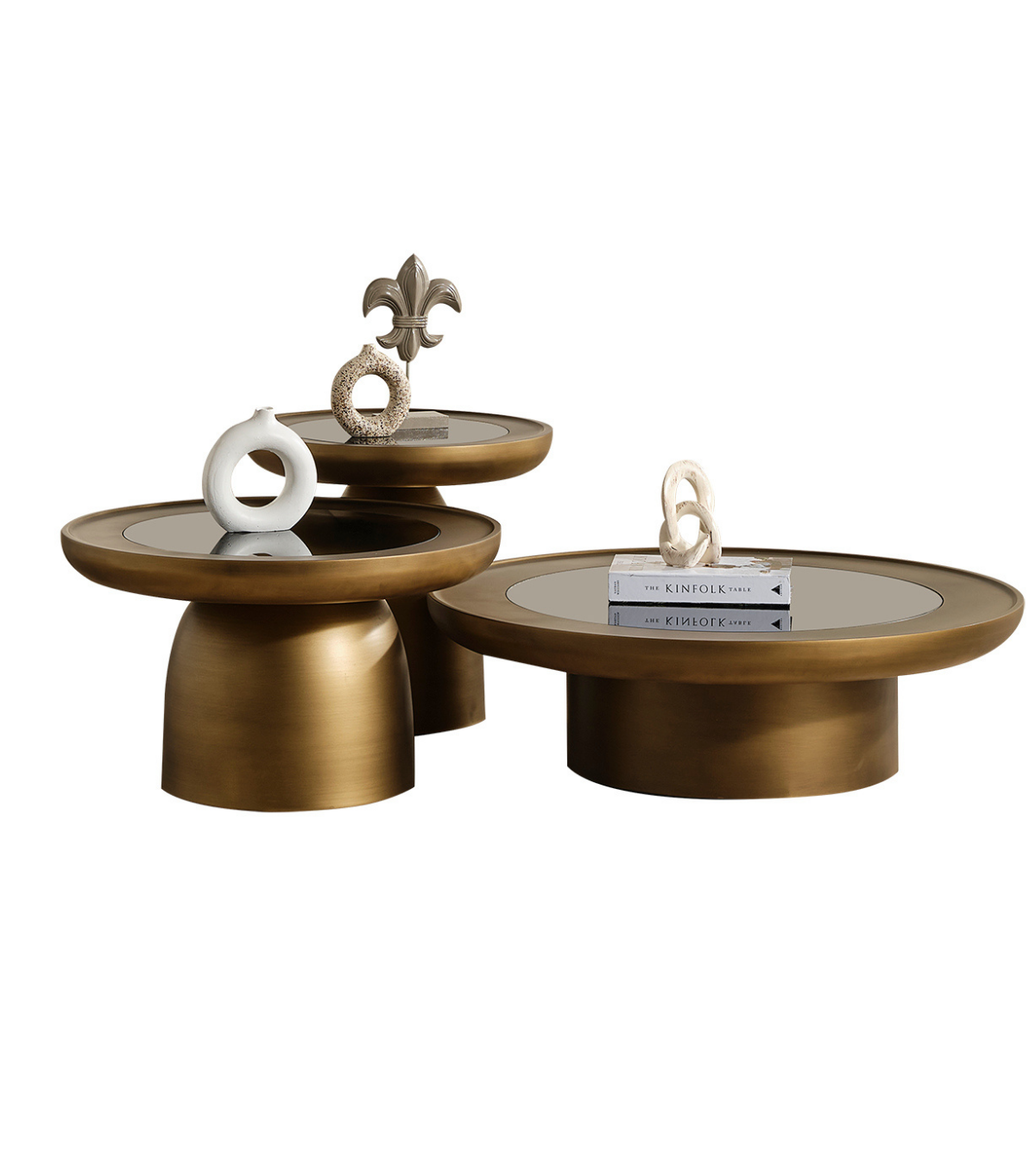 Hills Ahşap Yan Sehpa Cam Detay Mushroom Brass