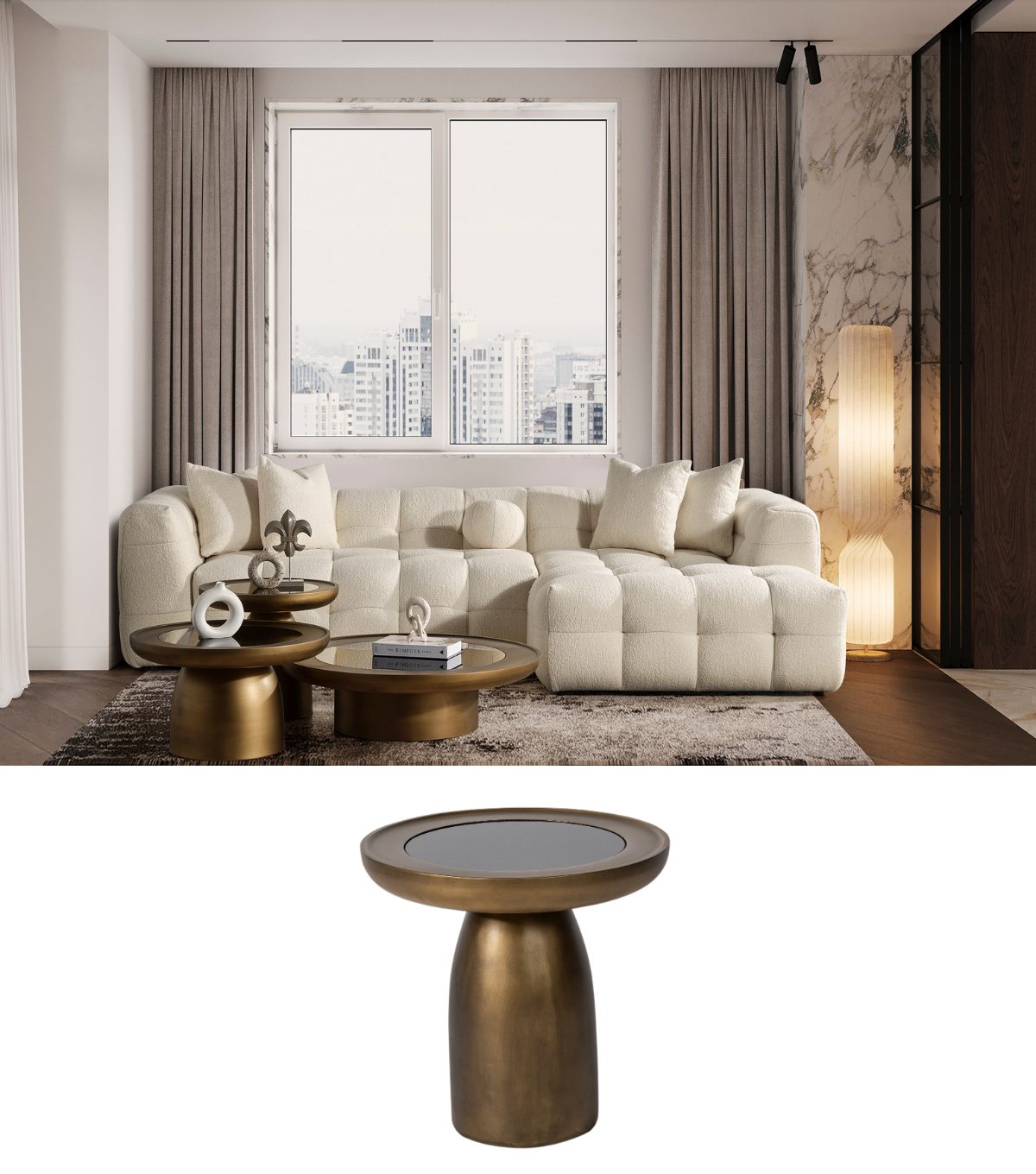 Hills Ahşap Yan Sehpa Cam Detay Mushroom Brass