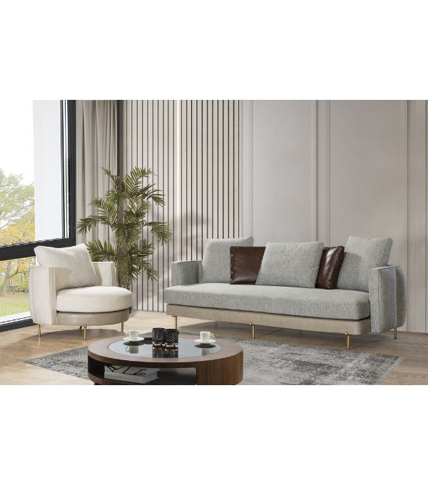 Positano Leather Detail Metal Leg Armchair Beige