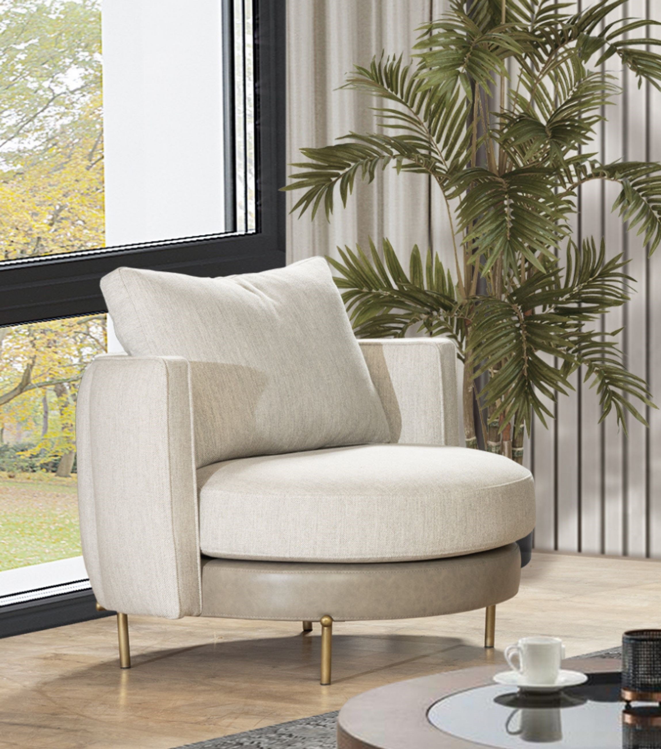 Positano Leather Detail Metal Leg Armchair Beige