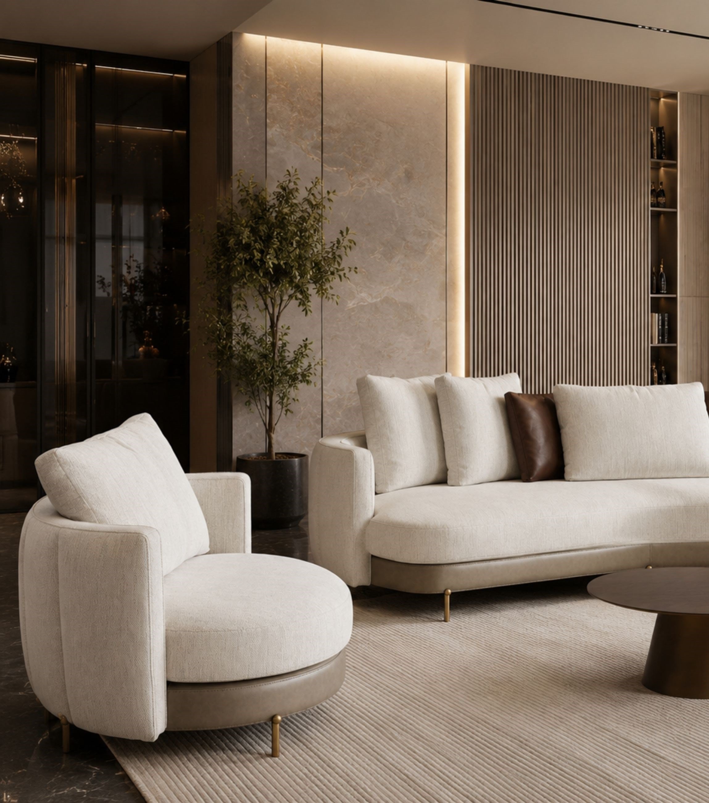 Positano Leather Detail Metal Leg Armchair Beige