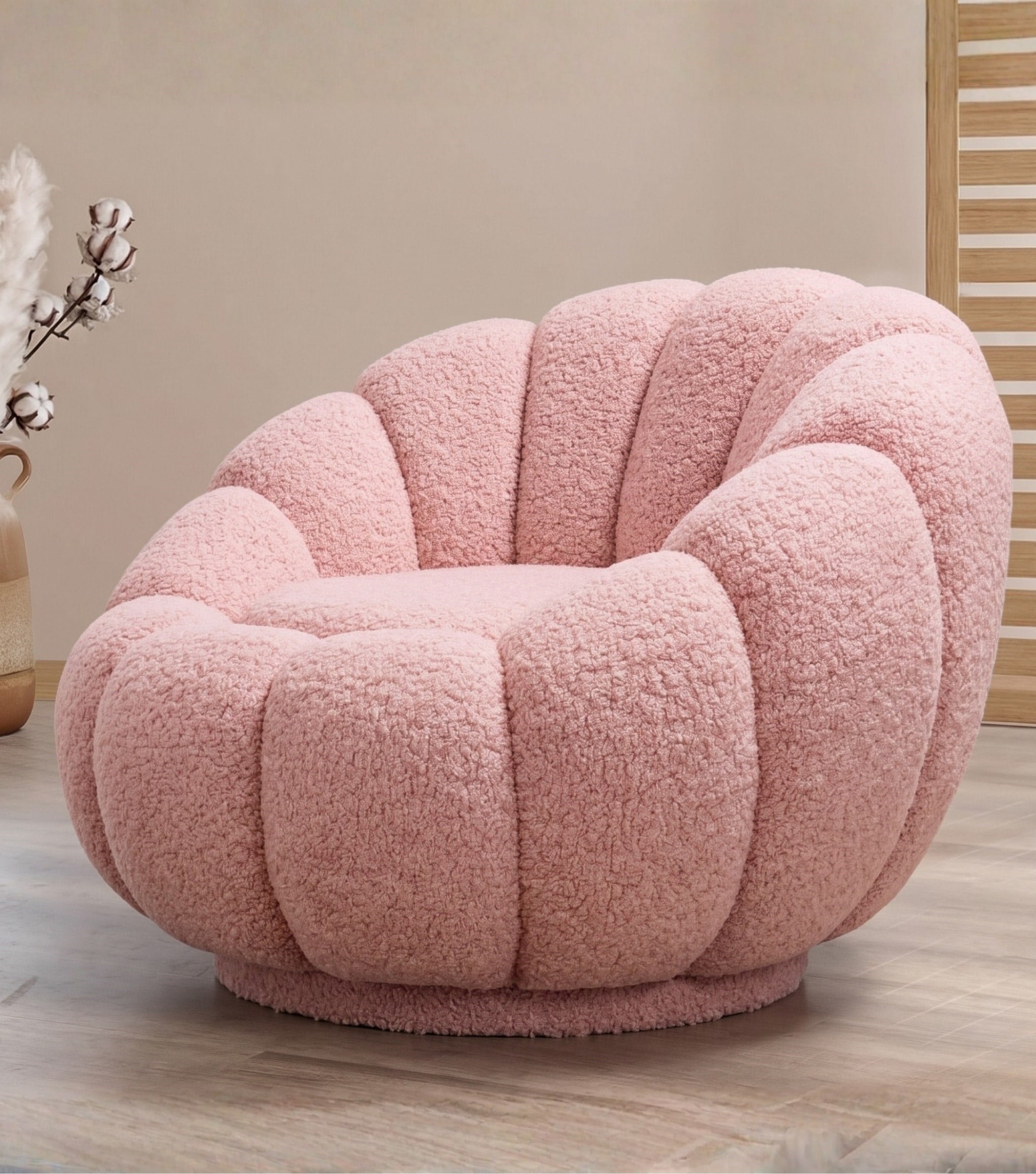 Potter Açık Pembe Teddy Döner Ayaklı Berjer ve Puf Takım