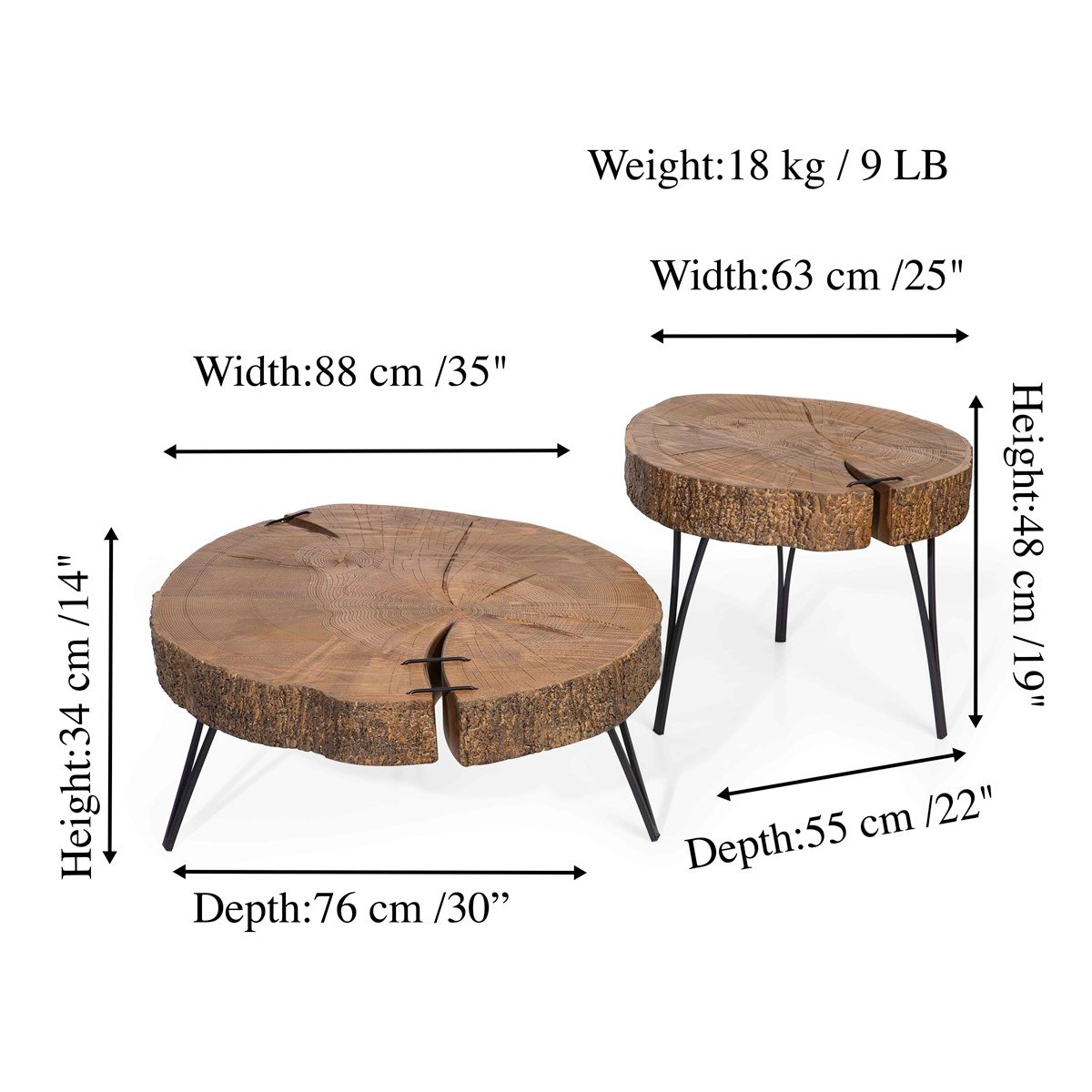 Ruby Kütük Görünümlü İkili Ahşap Orta Sehpa Takımı Ceviz