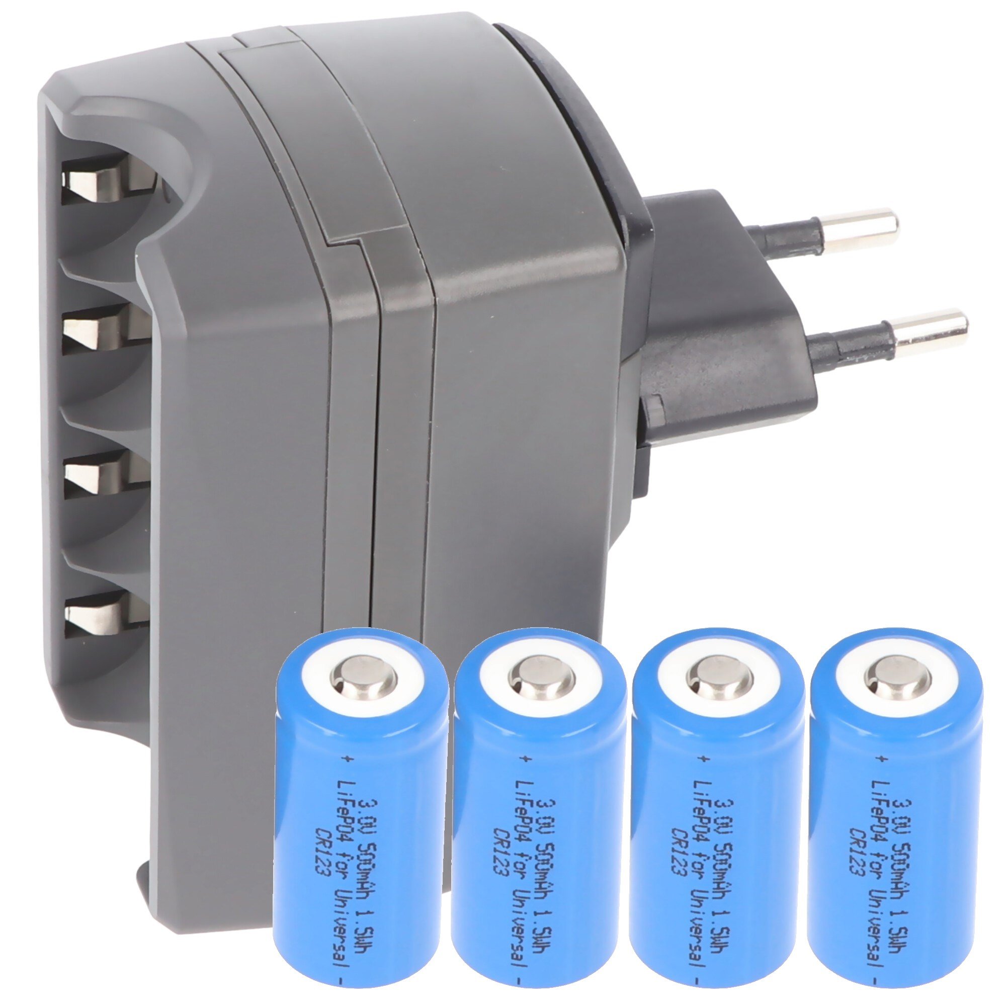 4x CR123A Li-ion piller dahil CR123 şarj cihazı, dört yönlü şarj cihazı CR123 (gözetim kamerası için uygun değildir)