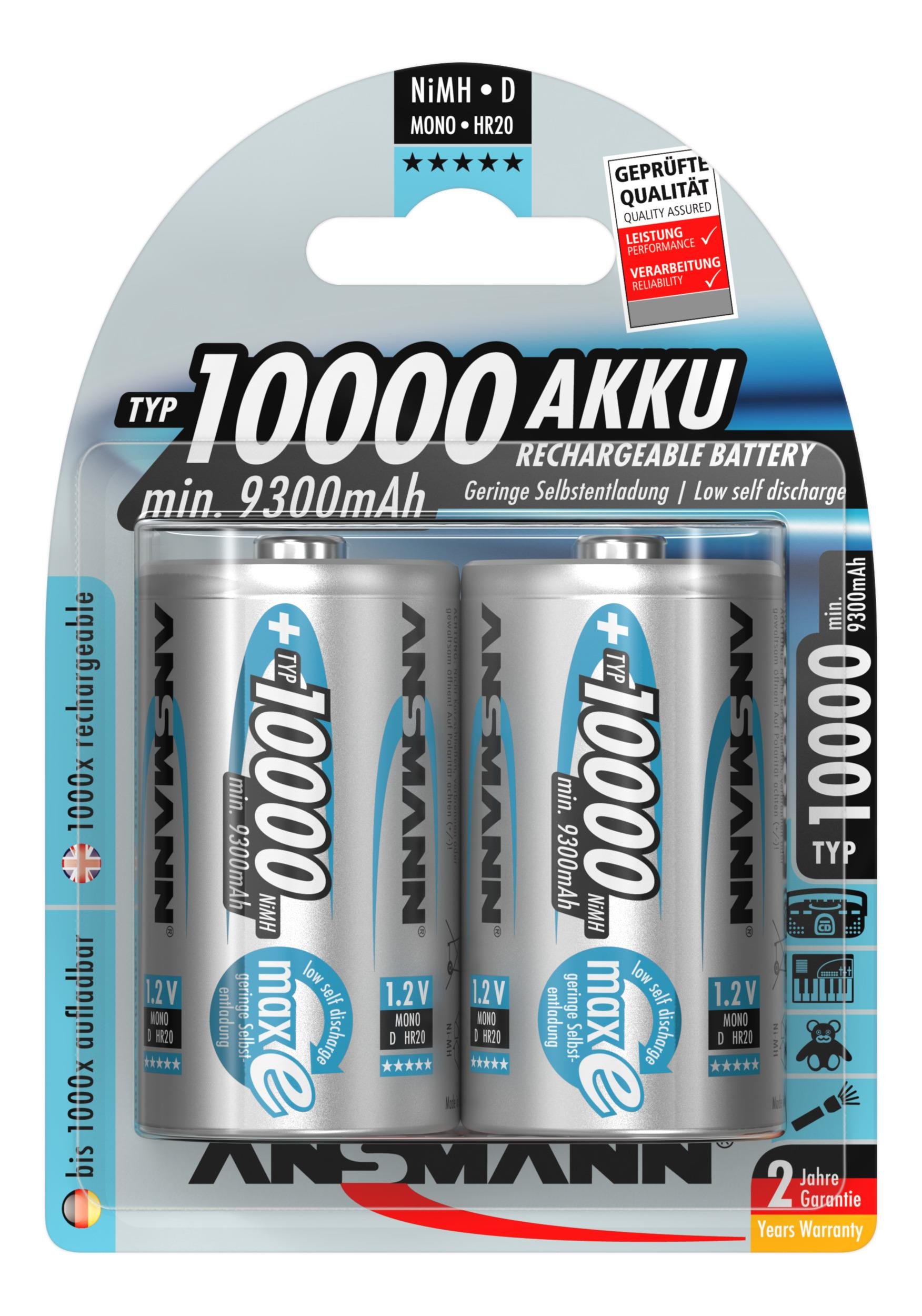 Ansmann NiMH pil Mono 10000mAh, 2'li blister ambalaj
