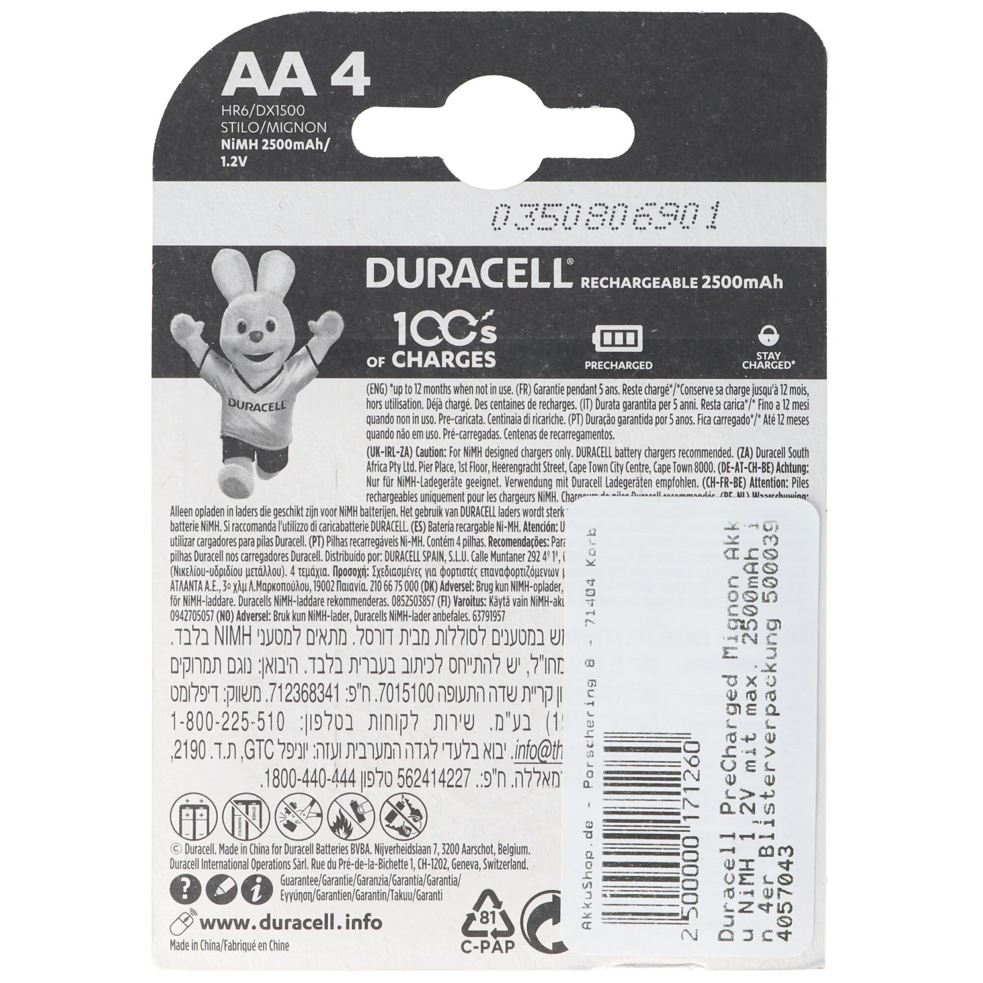 Duracell Ön Şarjlı Mignon pil Ni-MH 1.2V, maks. 4'lü blister ambalajda 2500mAh