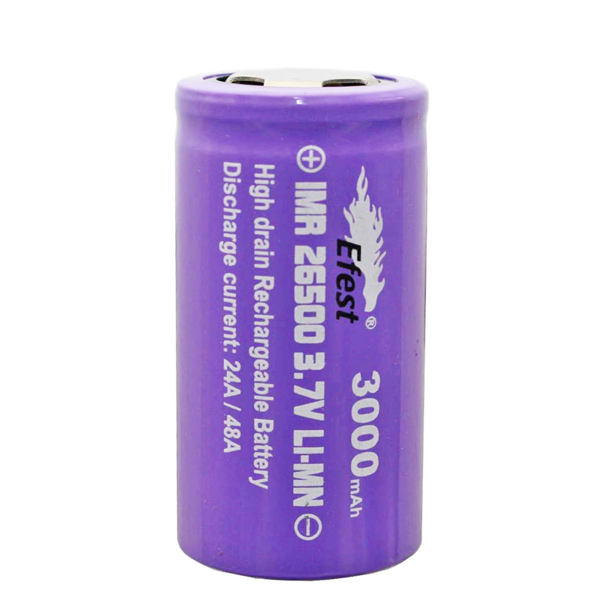 Efest IMR 26500 Li-ion 3.6V - pozitif kutup düz ile 3.7V 3000mAh, not boyutları 50.07x26.26mm