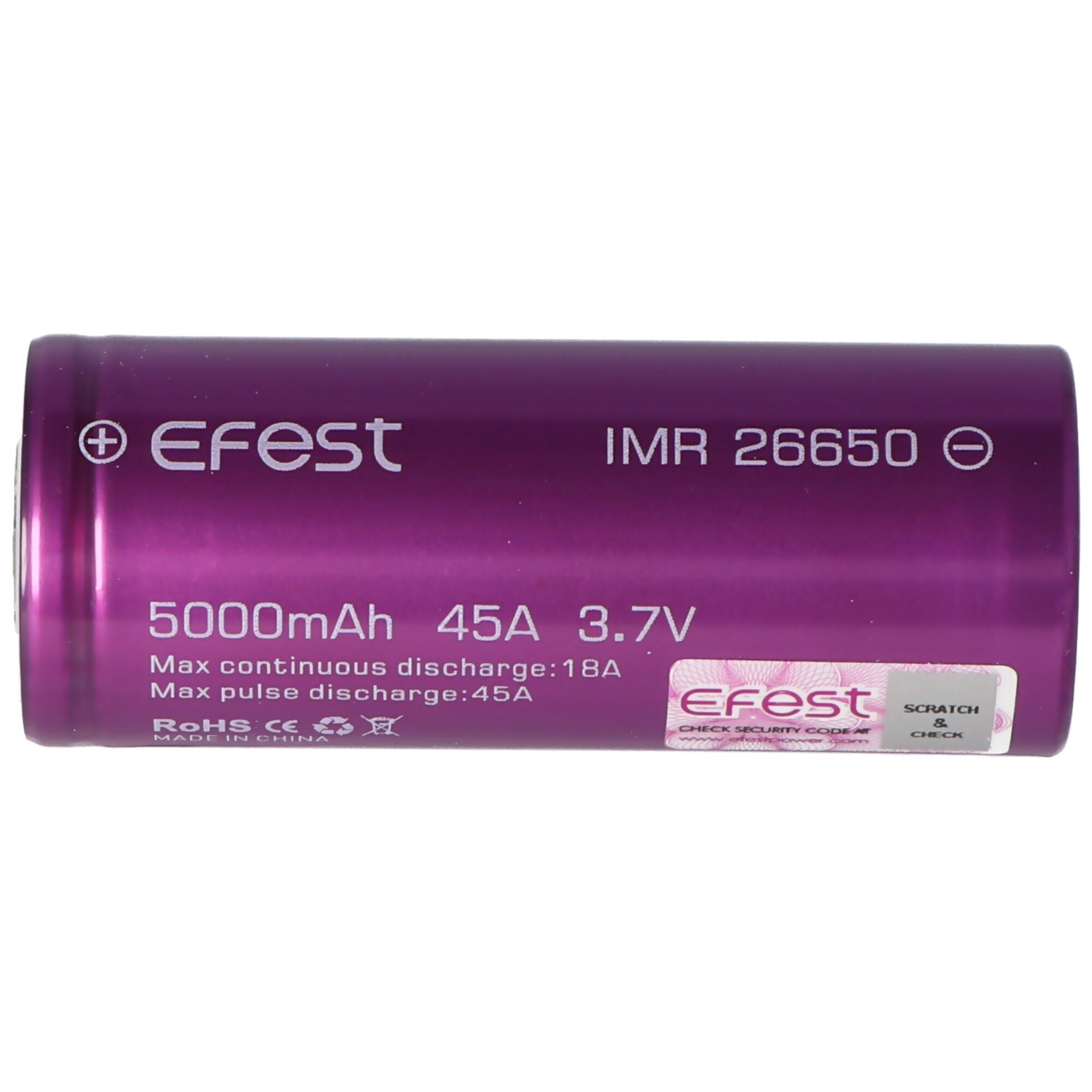 Efest Purple IMR26650 5000mAh, 3.6V - 3.7V Li-Ion pil korumasız 26.12x66.5mm