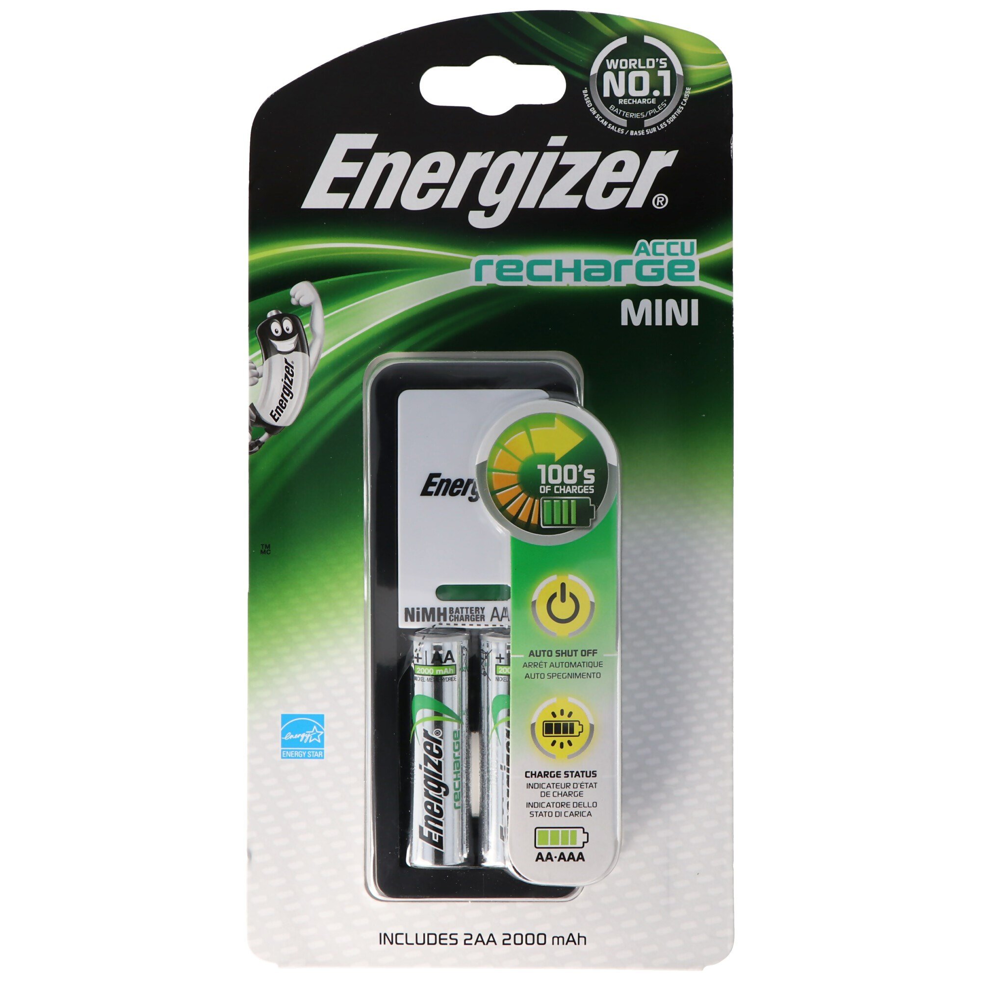 Energizer Mini Şarj Cihazı, 2 AA NiMH şarj edilebilir pil, 2000mAh fişli şarj cihazı dahil