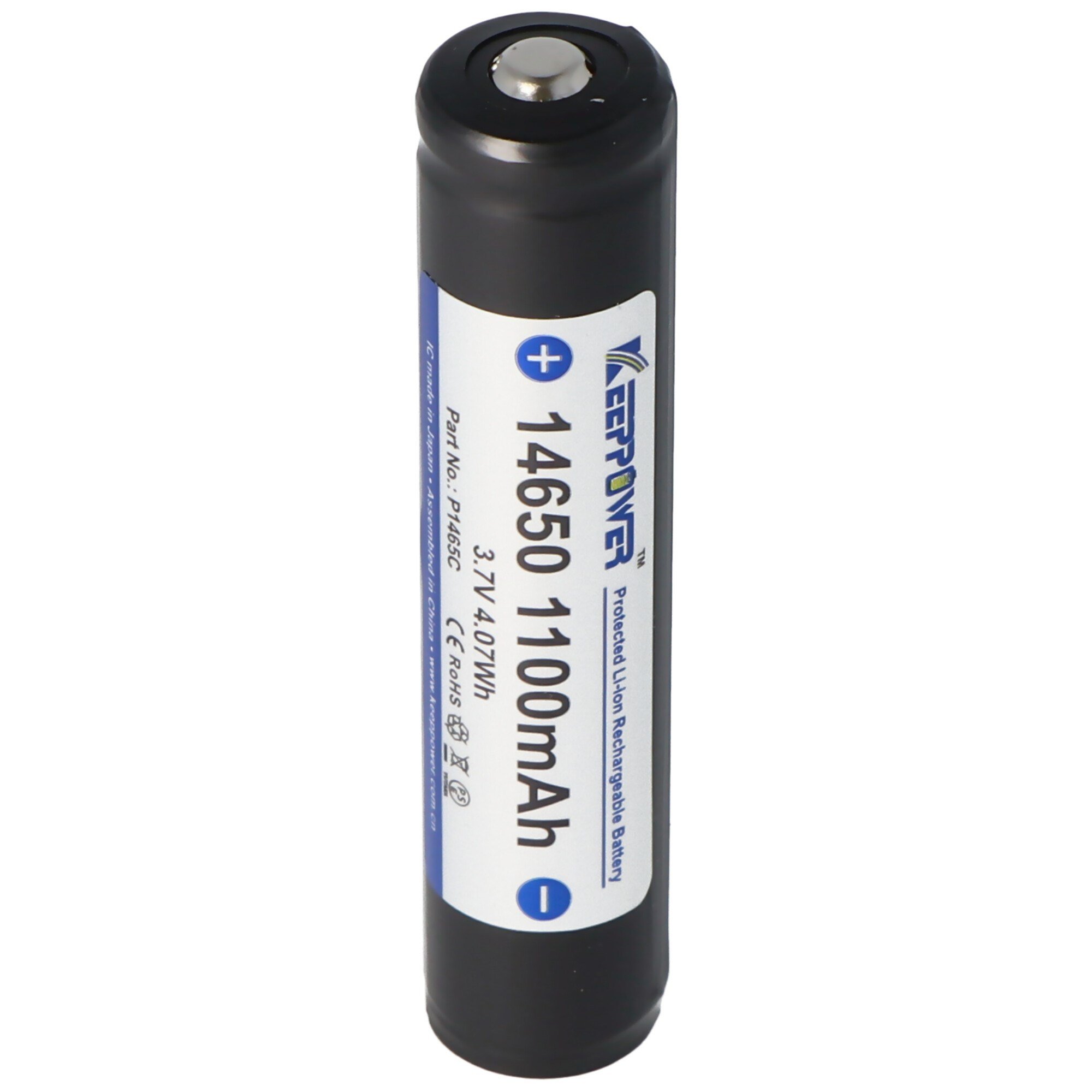Keeppower 14650 1100mAh, 3.6V - 3.7V Li-ion pil PCB korumalı, boyutlar 67.45x14.15