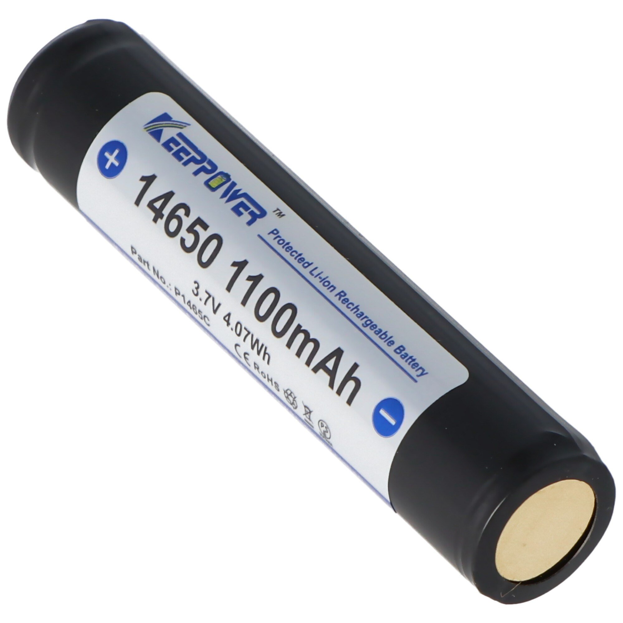Keeppower 14650 1100mAh, 3.6V - 3.7V Li-ion pil PCB korumalı, boyutlar 67.45x14.15