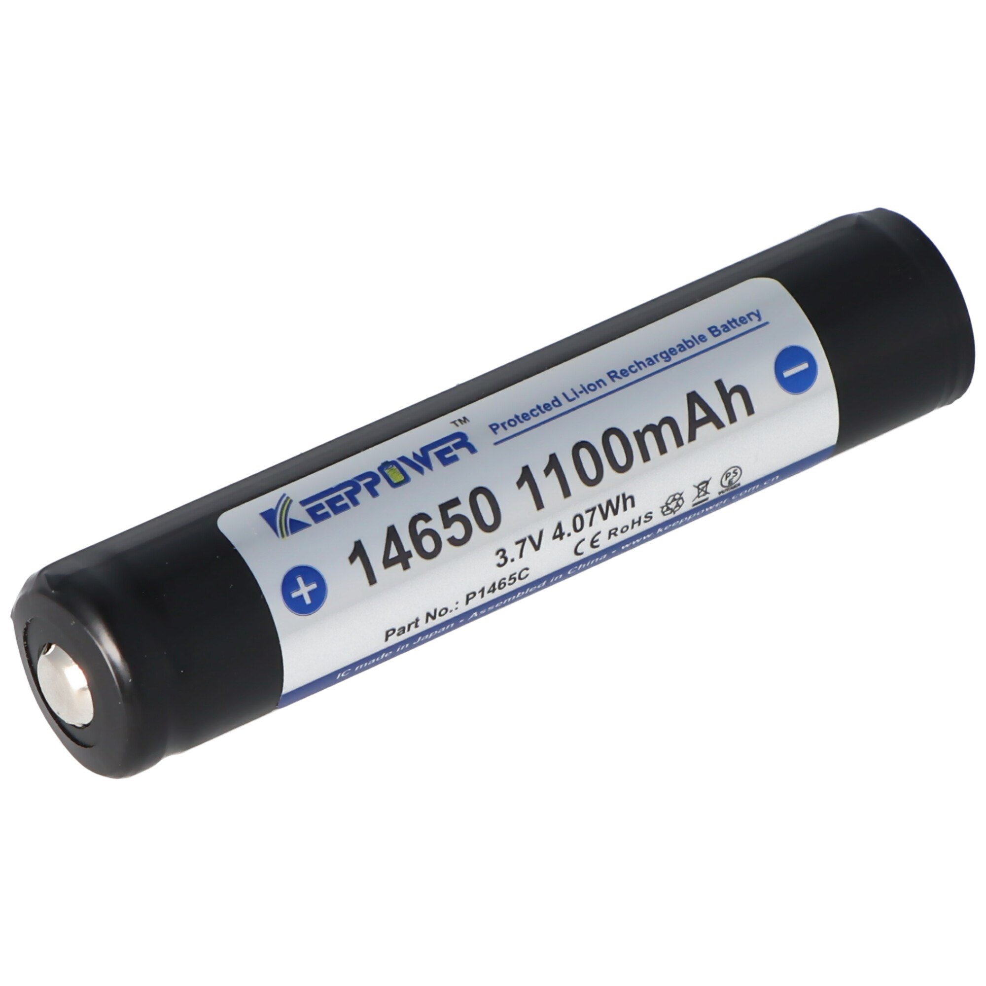 Keeppower 14650 1100mAh, 3.6V - 3.7V Li-ion pil PCB korumalı, boyutlar 67.45x14.15