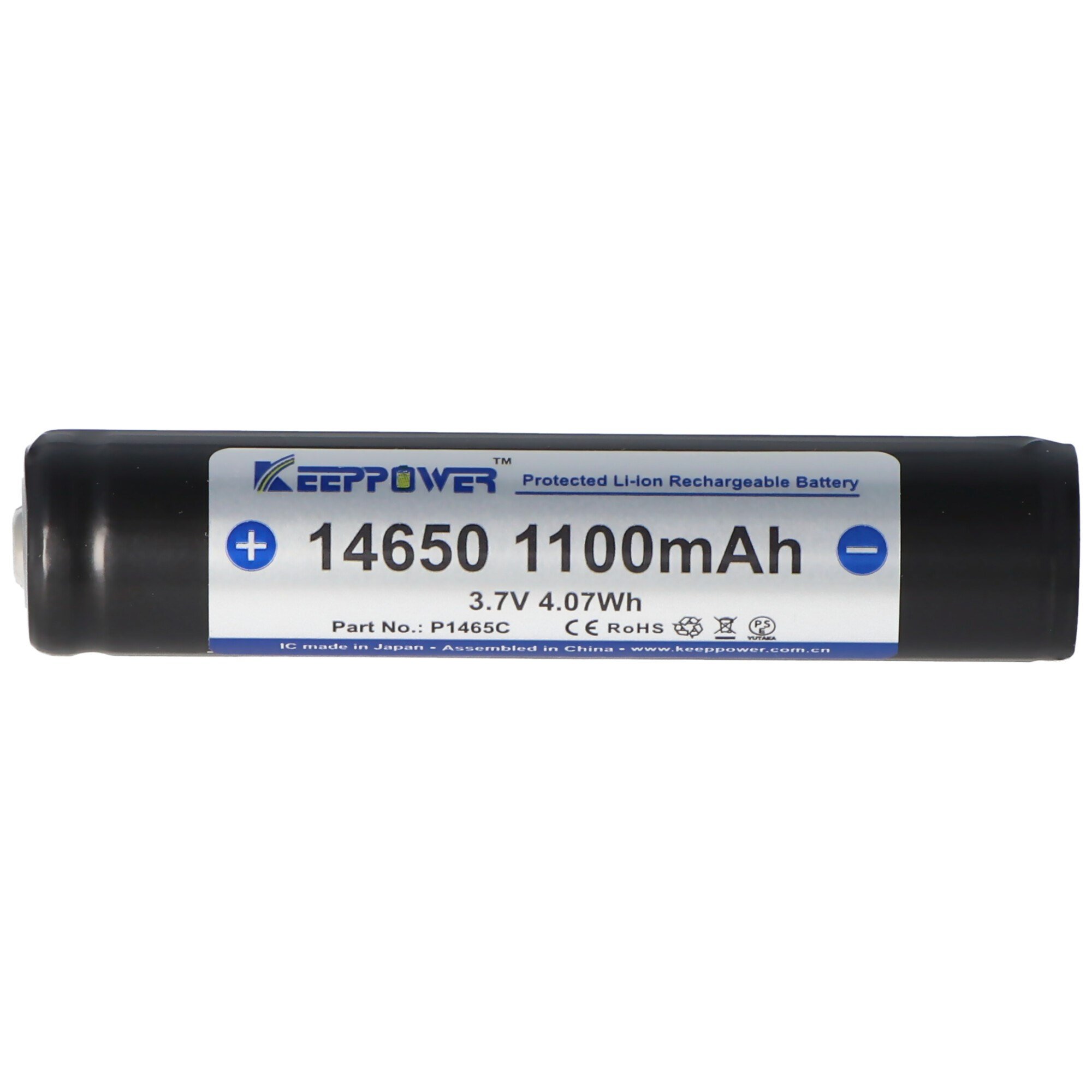 Keeppower 14650 1100mAh, 3.6V - 3.7V Li-ion pil PCB korumalı, boyutlar 67.45x14.15