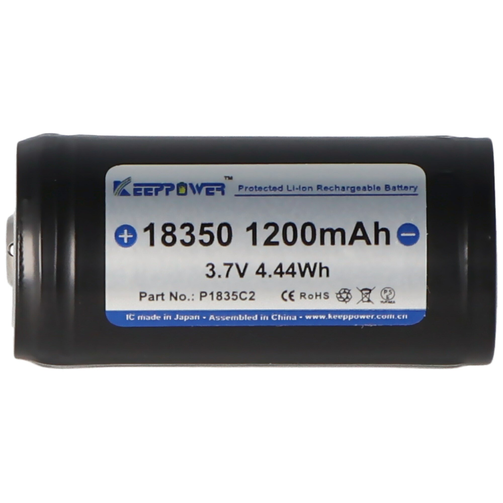 Keeppower 18350 - 1200mAh, 3.6V - 3.7V Li-ion pil korumalı, boyutlar not yaklaşık 39x18,6 mm