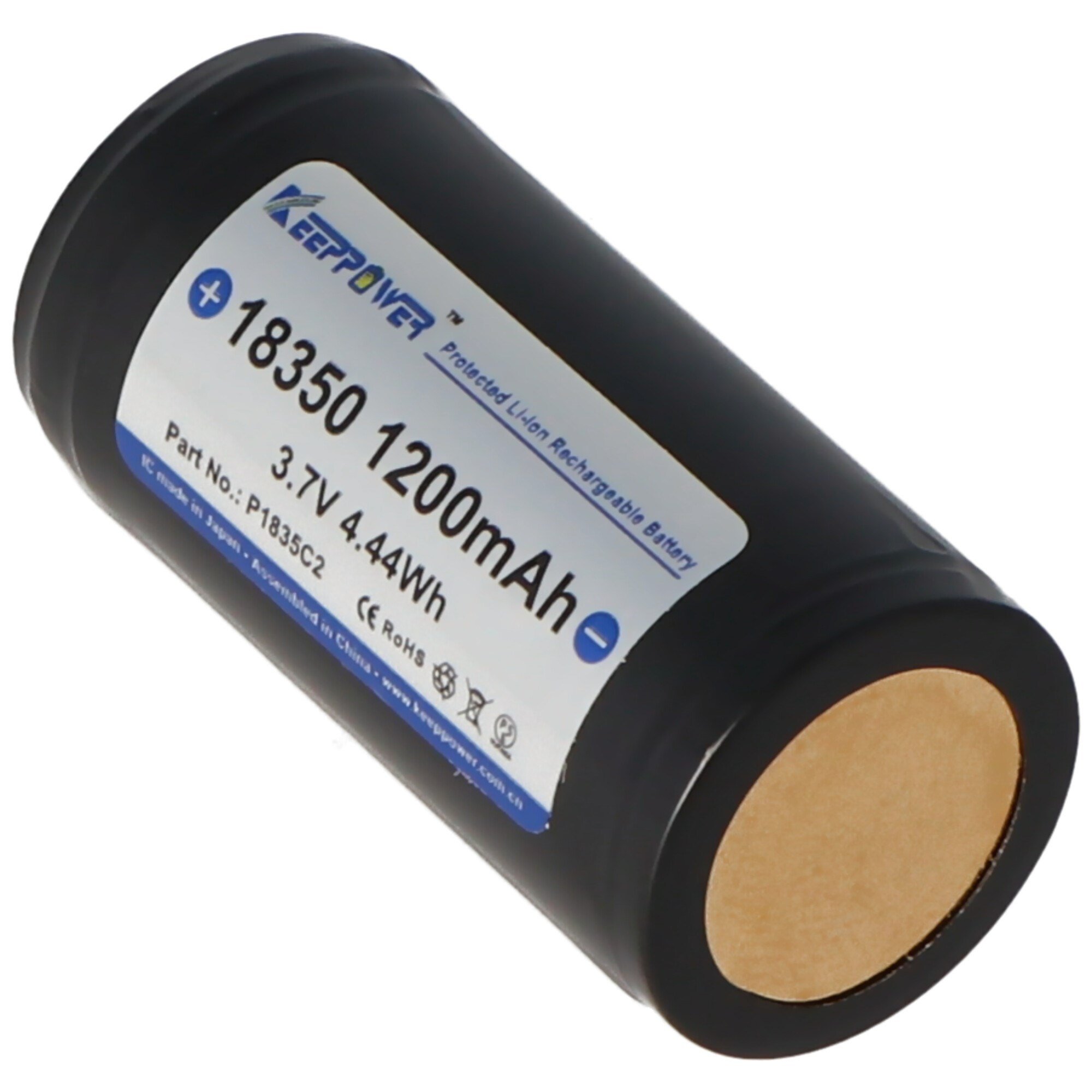 Keeppower 18350 - 1200mAh, 3.6V - 3.7V Li-ion pil korumalı, boyutlar not yaklaşık 39x18,6 mm