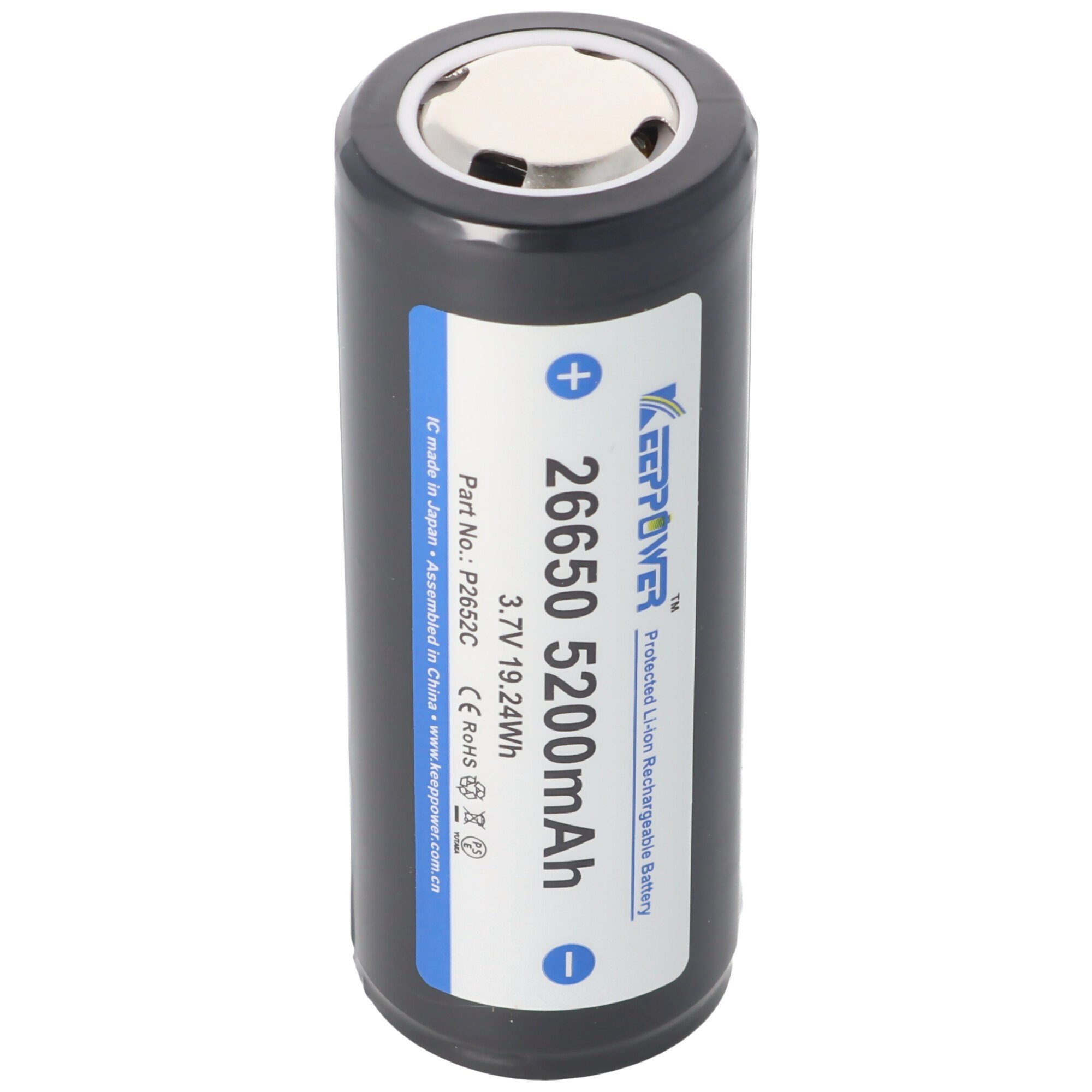 Keeppower 26650 - 5200mAh, 3.6V - 3.7V Li-Ion pil PCB korumalı 69.5x26.8mm