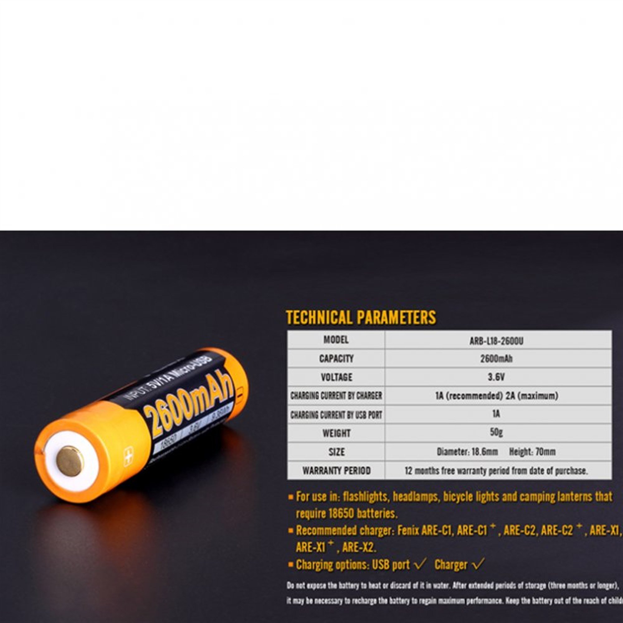 Li-ion pil 18650, USB şarj fonksiyonu ile çoklu korumalı, 70x18.6mm AccuCell AccuSafe ile 1 adet