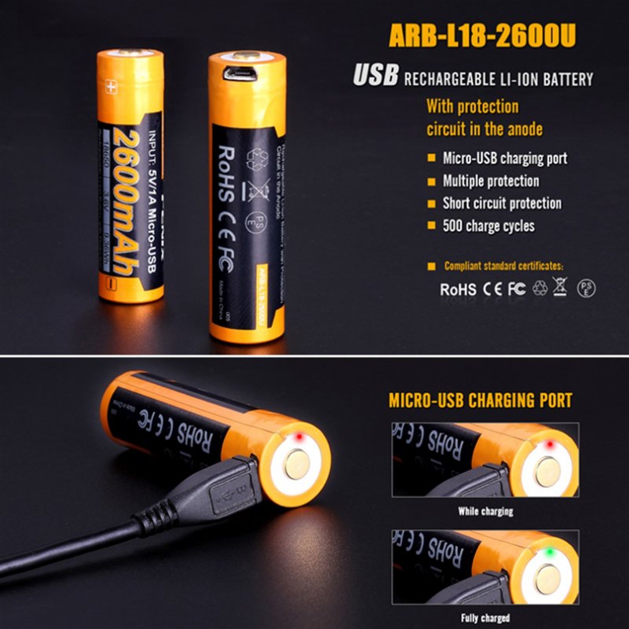 Li-ion pil 18650, USB şarj fonksiyonu ile çoklu korumalı, 70x18.6mm AccuCell AccuSafe ile 1 adet