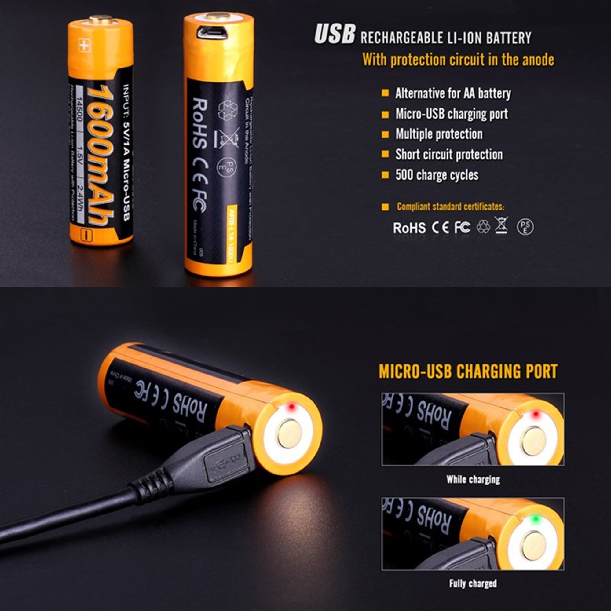 Li-ion şarj edilebilir pil Mignon AA LR6 1600 mAh ile 1.5 V çoklu USB şarj fonksiyonu ile korunan, AccuSafe 1 parça