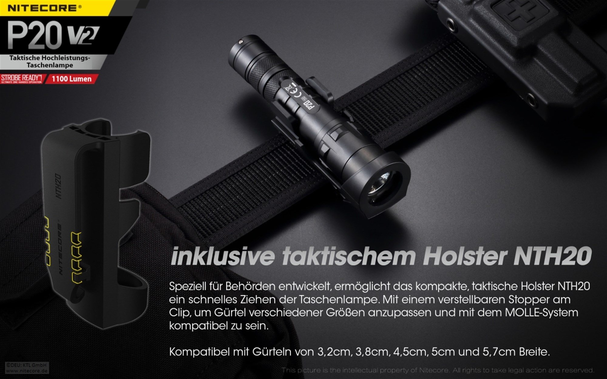 Nitecore P20 V2 LED el feneri, 1100 lümen, taktik el feneri, 2x CR123A lityum pil dahil üç kullanıcı modu