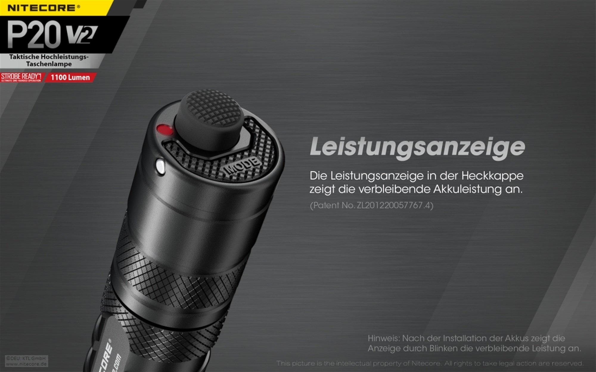 Nitecore P20 V2 LED el feneri, 1100 lümen, taktik el feneri, 2x CR123A lityum pil dahil üç kullanıcı modu