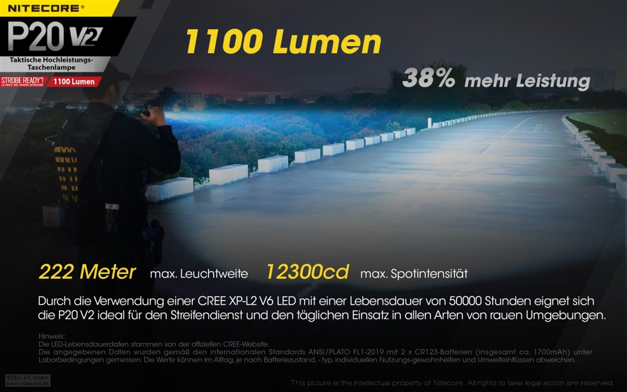 Nitecore P20 V2 LED el feneri, 1100 lümen, taktik el feneri, 2x CR123A lityum pil dahil üç kullanıcı modu