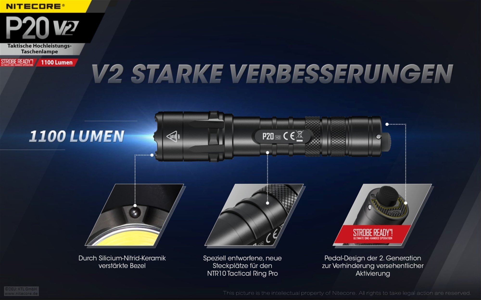 Nitecore P20 V2 LED el feneri, 1100 lümen, taktik el feneri, 2x CR123A lityum pil dahil üç kullanıcı modu