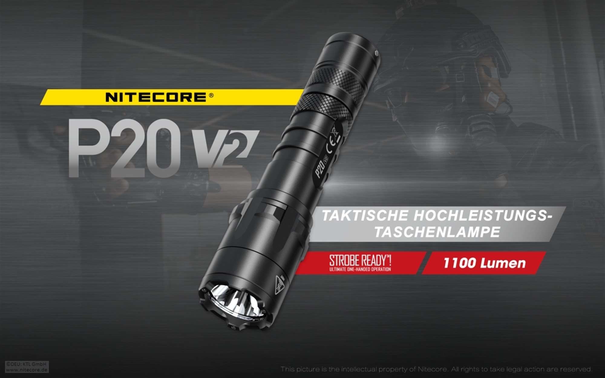 Nitecore P20 V2 LED el feneri, 1100 lümen, taktik el feneri, 2x CR123A lityum pil dahil üç kullanıcı modu