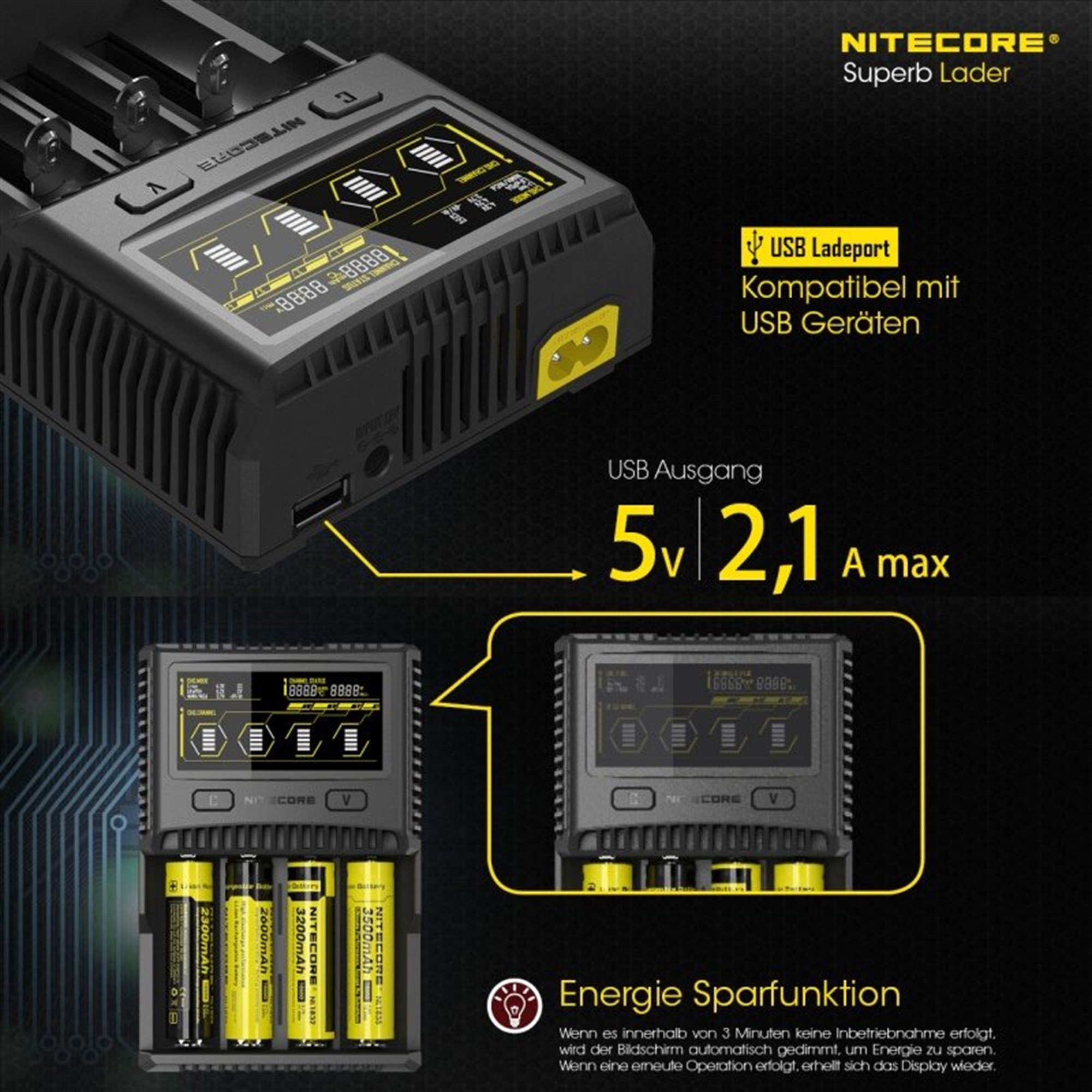 Nitecore SC4 hızlı şarj cihazı neredeyse tüm Li-ion, NiMH ve LiFEPO4 piller için uygundur
