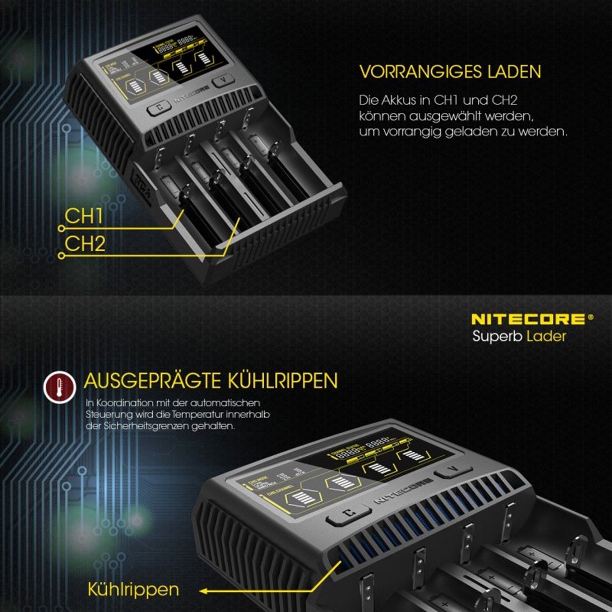 Nitecore SC4 hızlı şarj cihazı neredeyse tüm Li-ion, NiMH ve LiFEPO4 piller için uygundur