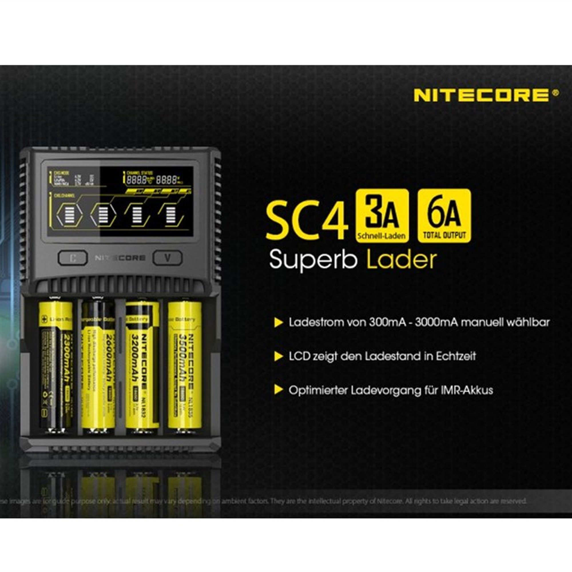 Nitecore SC4 hızlı şarj cihazı neredeyse tüm Li-ion, NiMH ve LiFEPO4 piller için uygundur