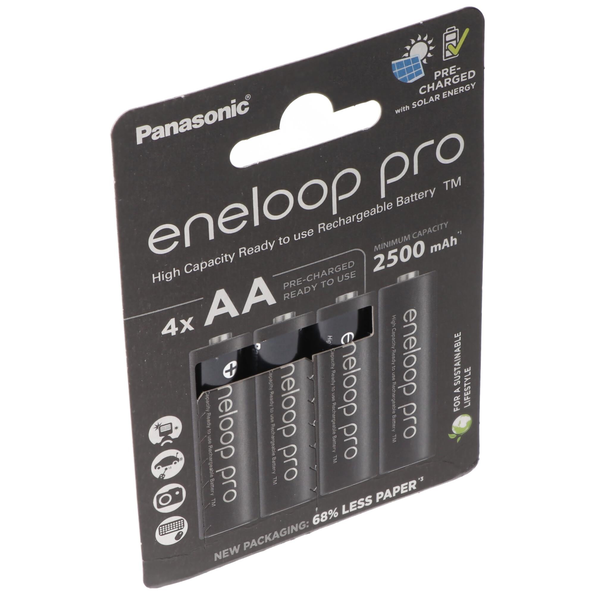 Panasonic eneloop pro, önceden şarj edilmiş, perakende blister (4'lü paket) BK-3HCDE/4BE şarj edilebilir pil NiMH, Mignon, AA, HR06, 1.2V ve 2500mAh 5410853064152