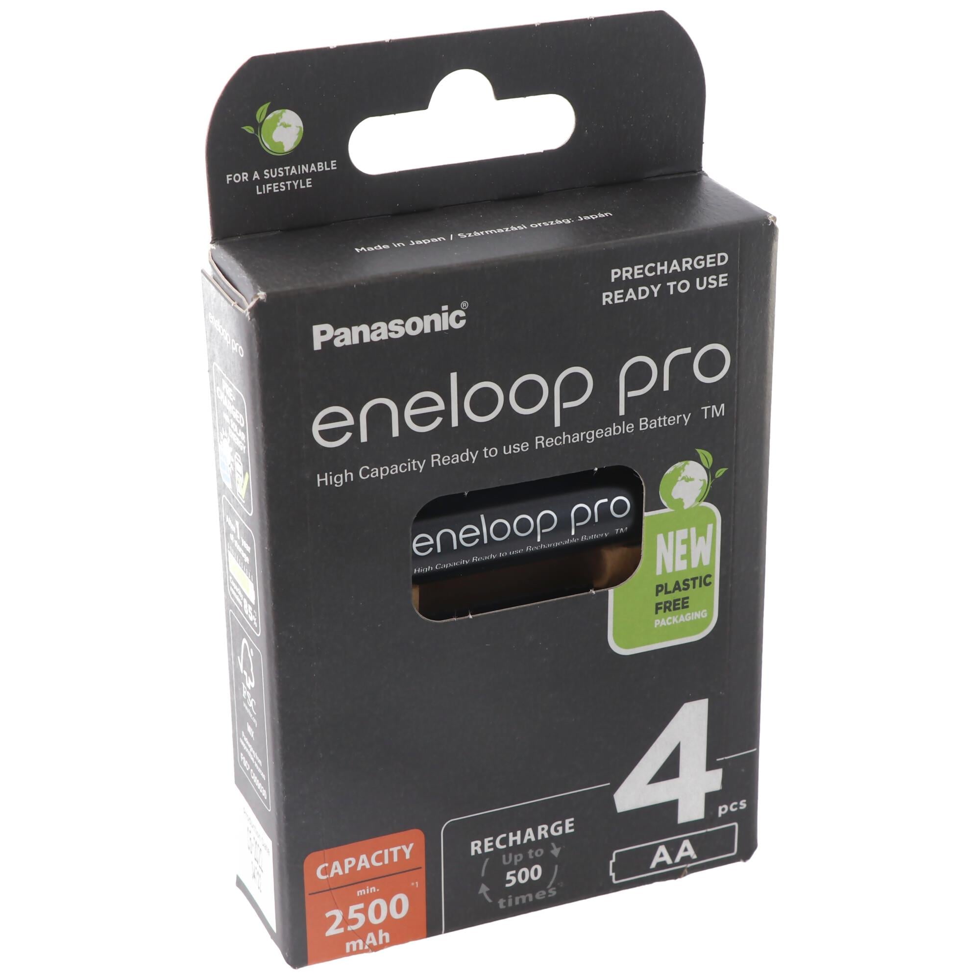 Panasonic eneloop pro, önceden şarj edilmiş, perakende blister (4'lü paket) BK-3HCDE/4BE şarj edilebilir pil NiMH, Mignon, AA, HR06, 1.2V ve 2500mAh 5410853064152