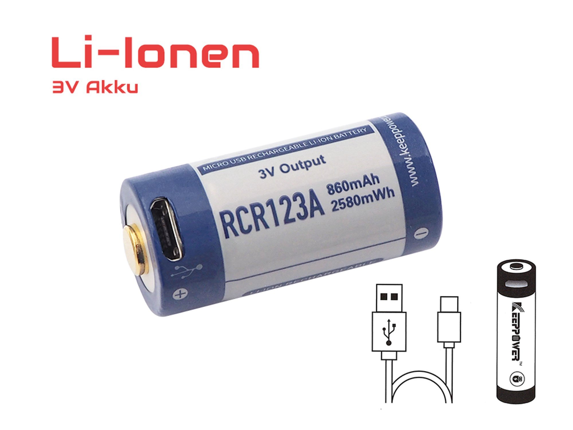 RCR123A 3V 880mAh 1.5A lityum iyon pil 16340, yalnızca mikro USB ile şarj edilebilir