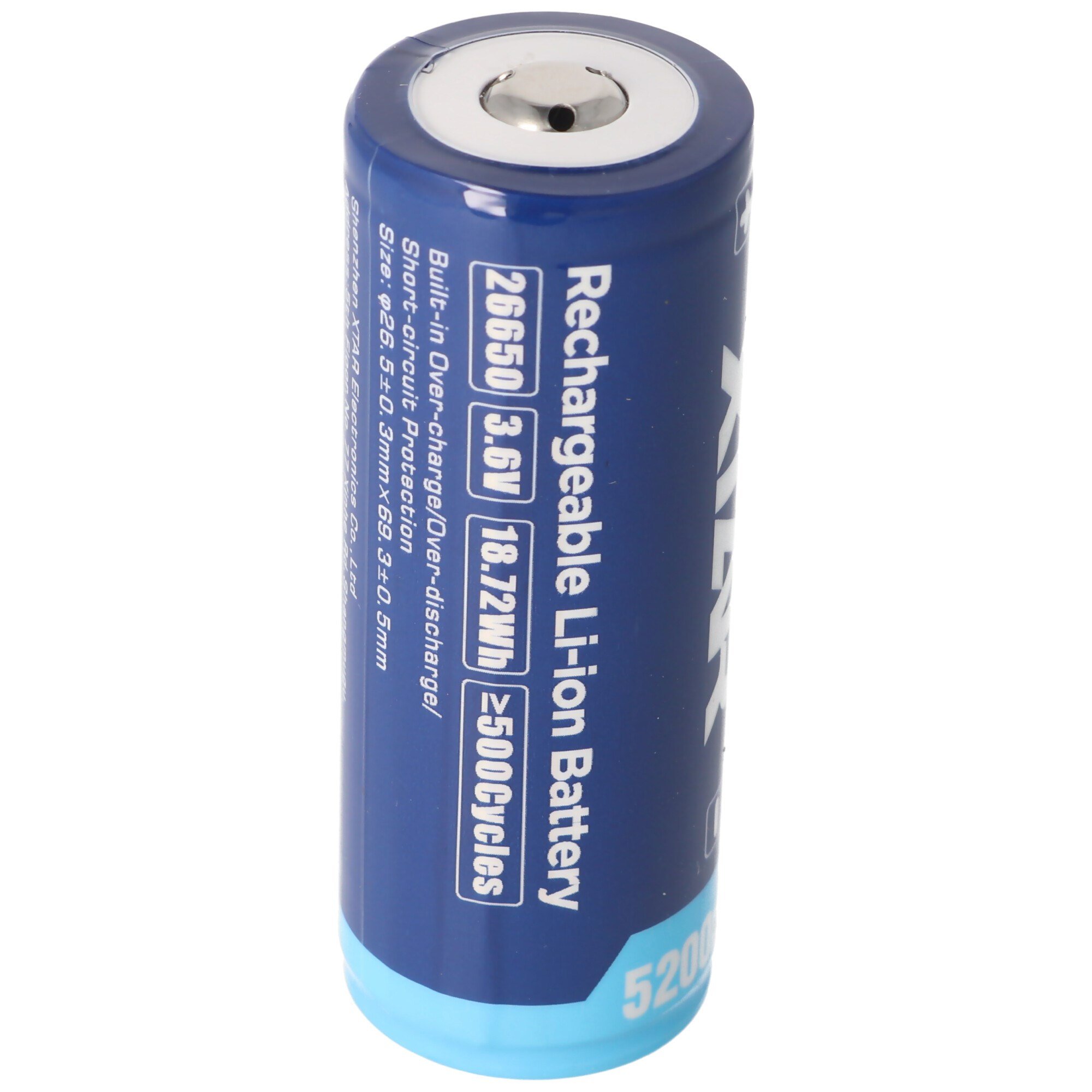 XTAR 26650 - 5200mAh, 3.6V - 3.7V Li-Ion pil, PCB korumalı, 26.5x68.2mm
